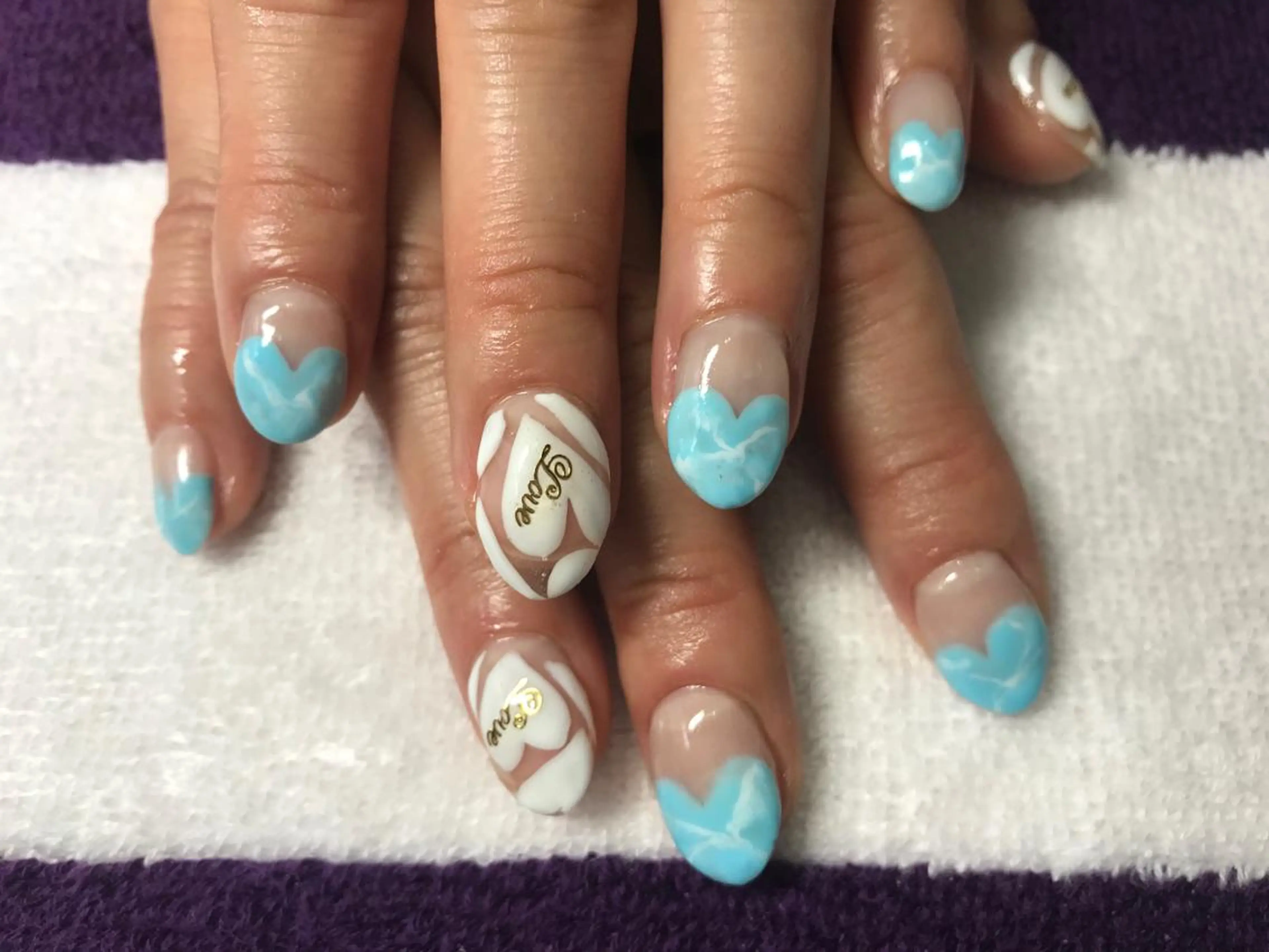 ネイル アートネイル ブルー フレンチネイル グリーン ハート ネイルサロンハピーナ自宅サロン所属・金沢 未緒のネイルデザイン