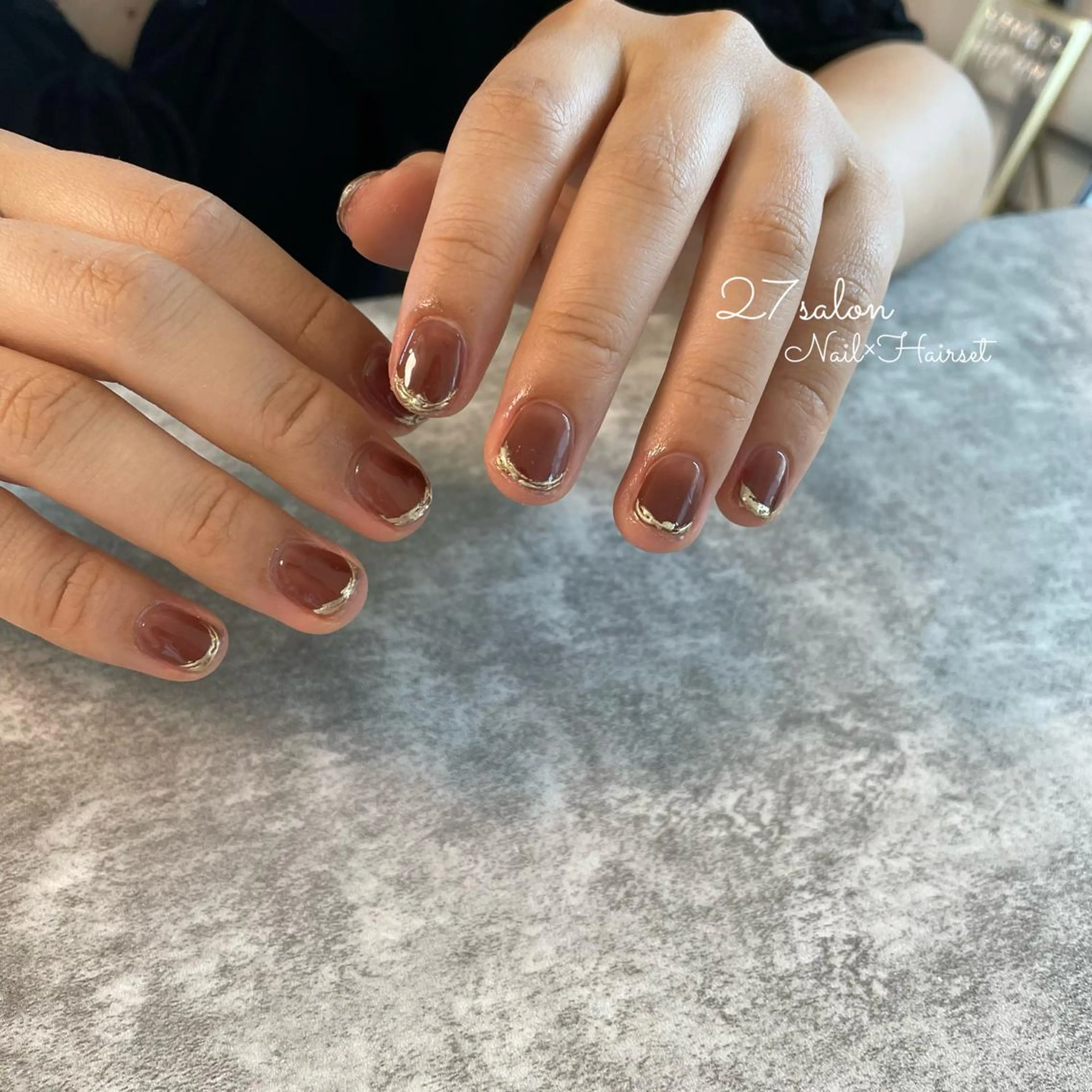 ネイル ブラウン フレンチネイル ミラーネイル ショートネイル 27salon yuinaのネイルデザイン