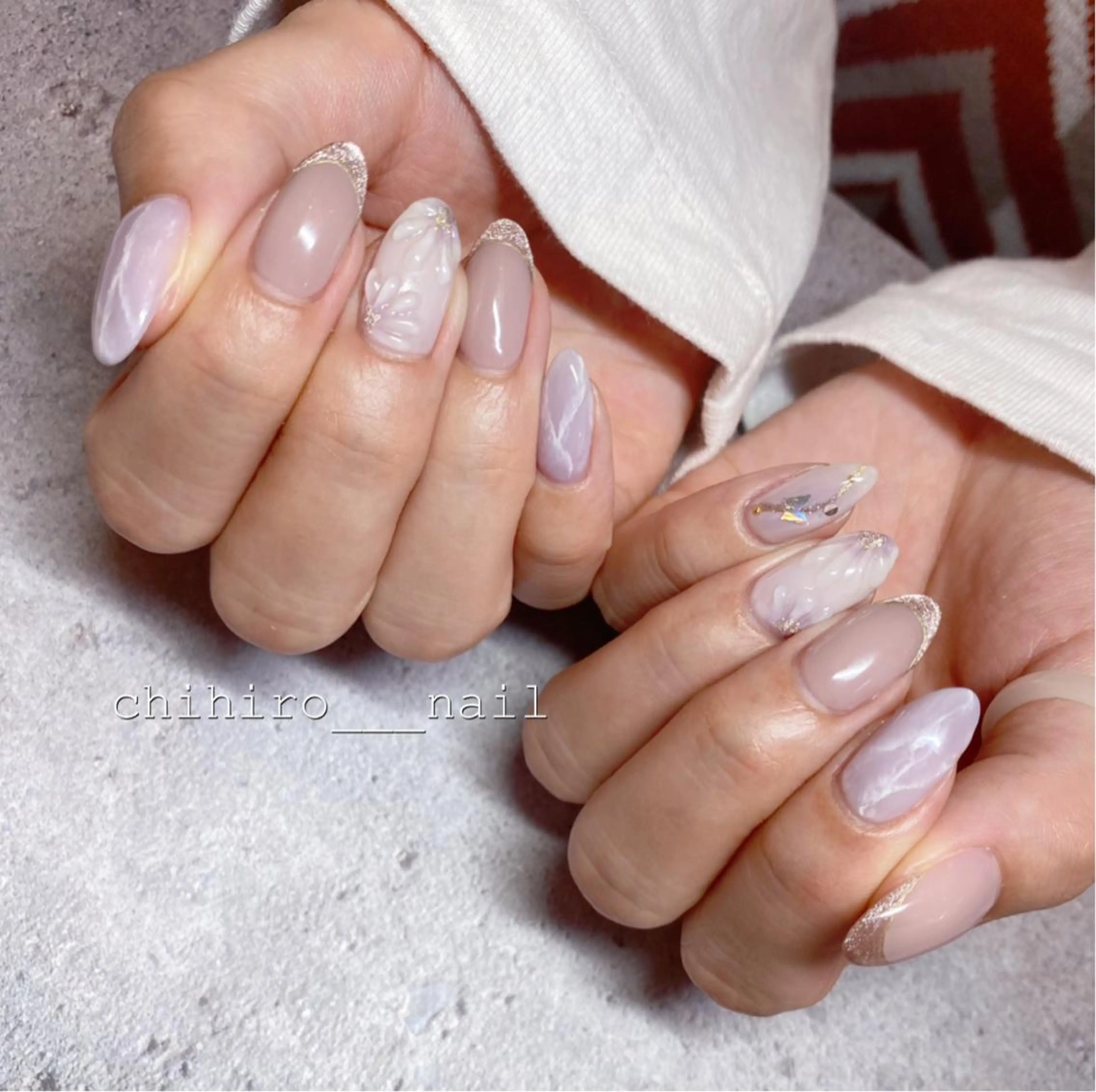 セミロング カラー ネイル フラワーネイル オフィスネイル ぷっくりネイル ハンドネイル beauty salon ma'am所属・chihiro 小路ネイルのネイルデザイン