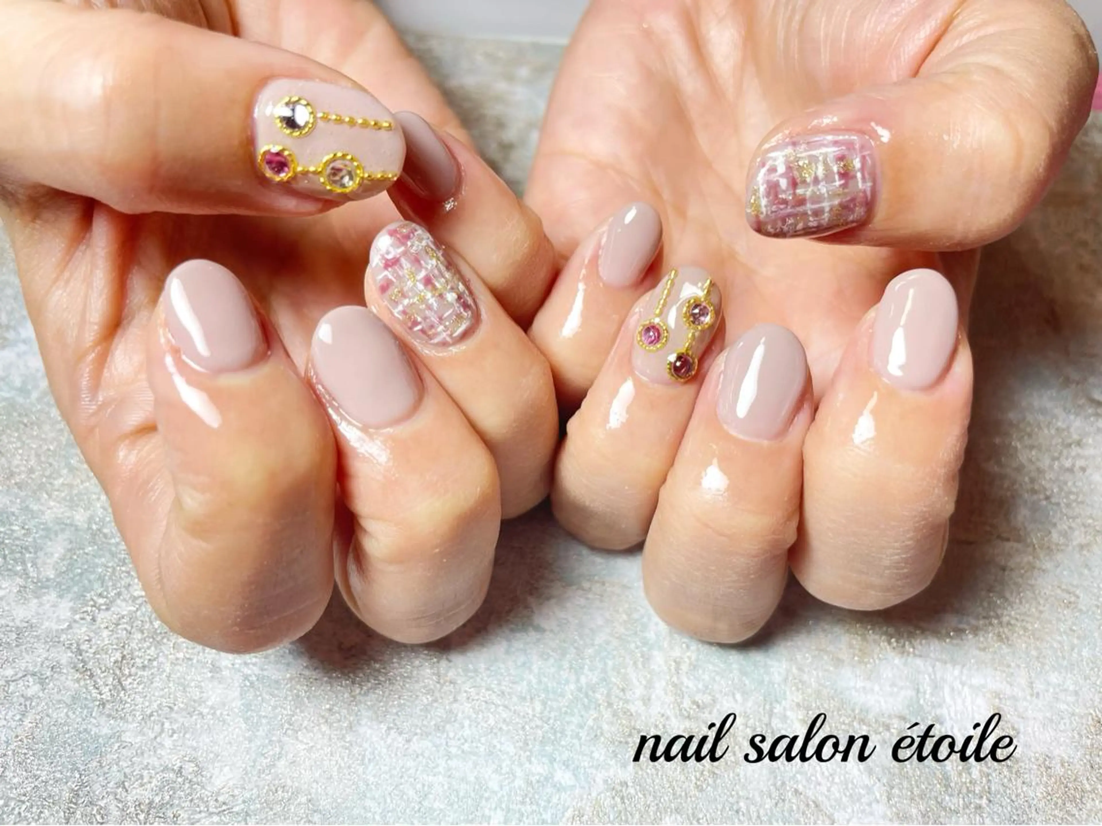 ネイル アートネイル ジェルネイル ピンク ツイードネイル 冬ネイル ハンドネイル nail salon étoileのネイルデザイン