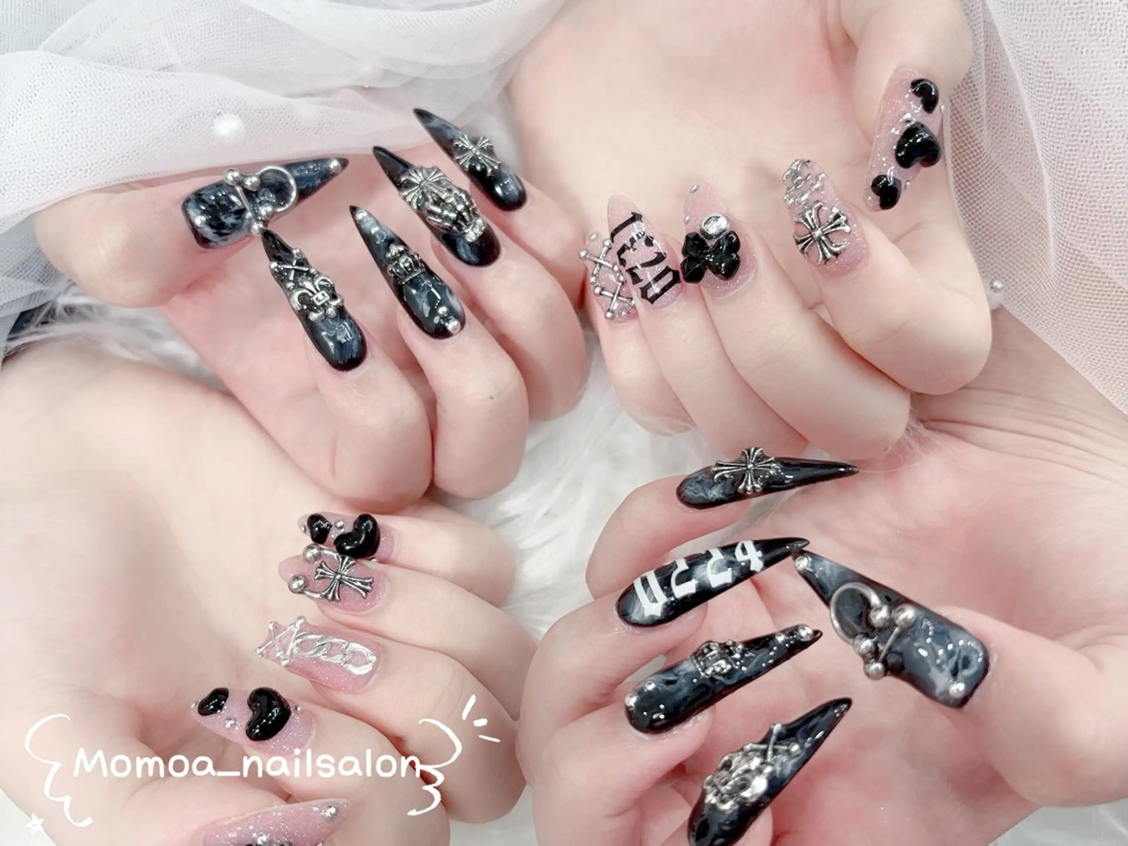 ネイル 成人式 ロングネイル マグネットネイル 大理石ネイル(マーブル) 持ち込み ハンドネイル MoMoA Nail ネイル長さ出し専門店のネイルデザイン