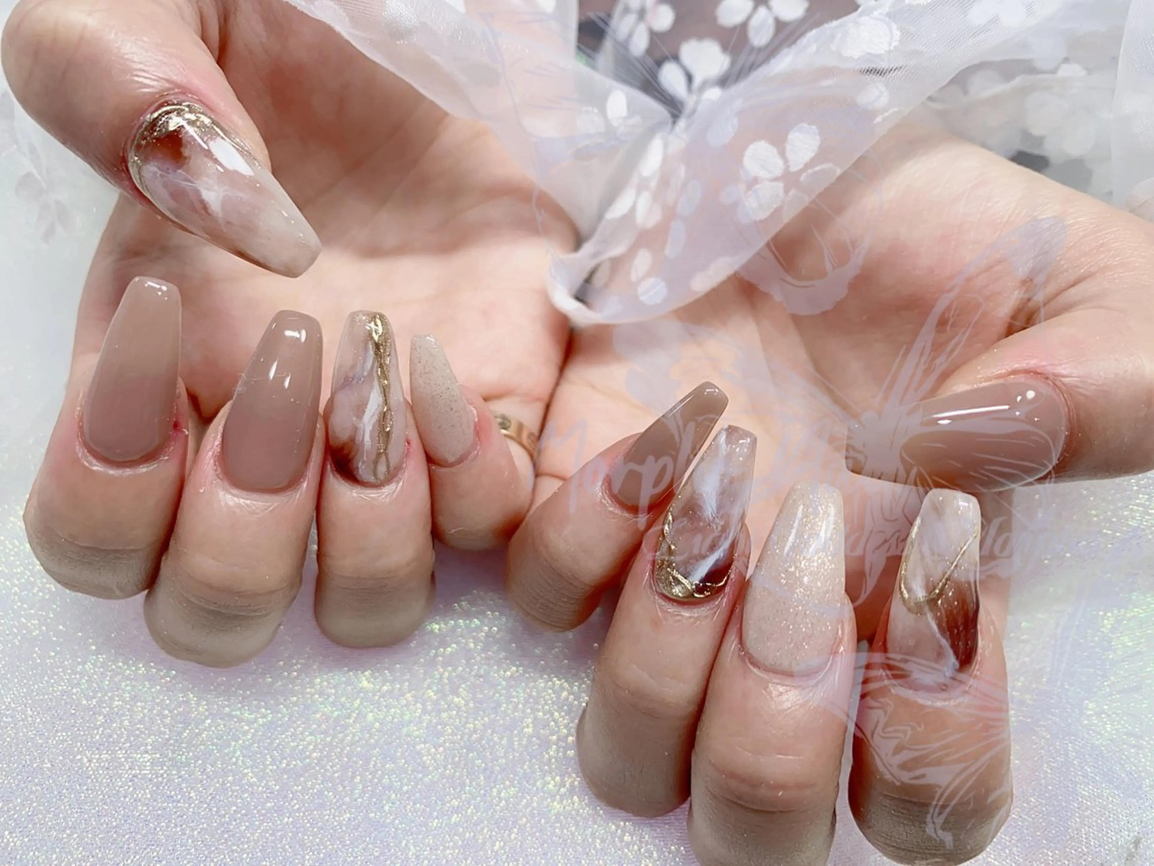 ネイル 長さ出し ジェルネイル キラキラネイル 大理石ネイル(マーブル) ニュアンスネイル ハンドネイル Morpho nailのネイルデザイン