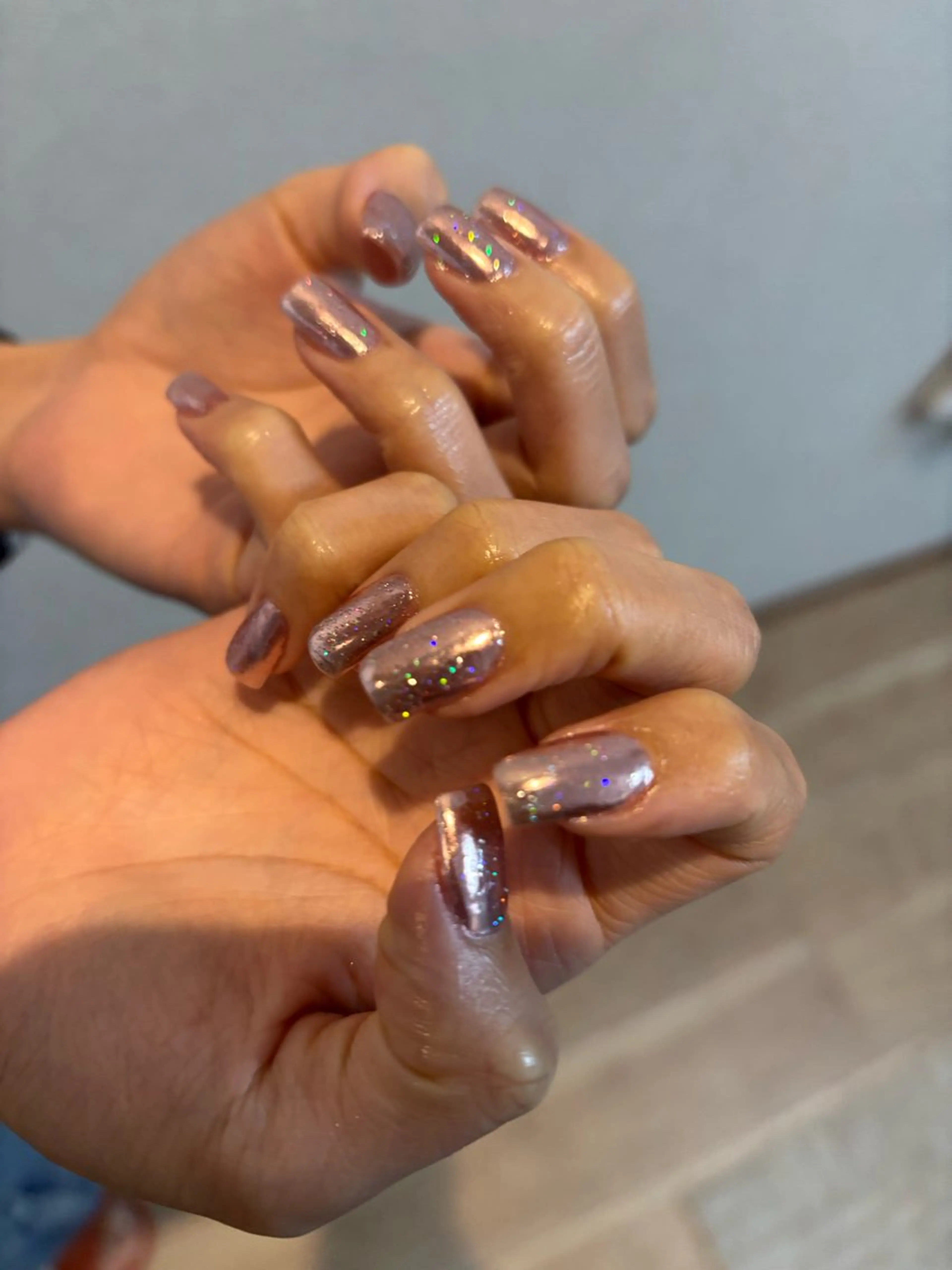 ネイル フラッシュネイル ラメ(グリッター) ミラーネイル オレンジ ハンドネイル nemuri nail salonのネイルデザイン