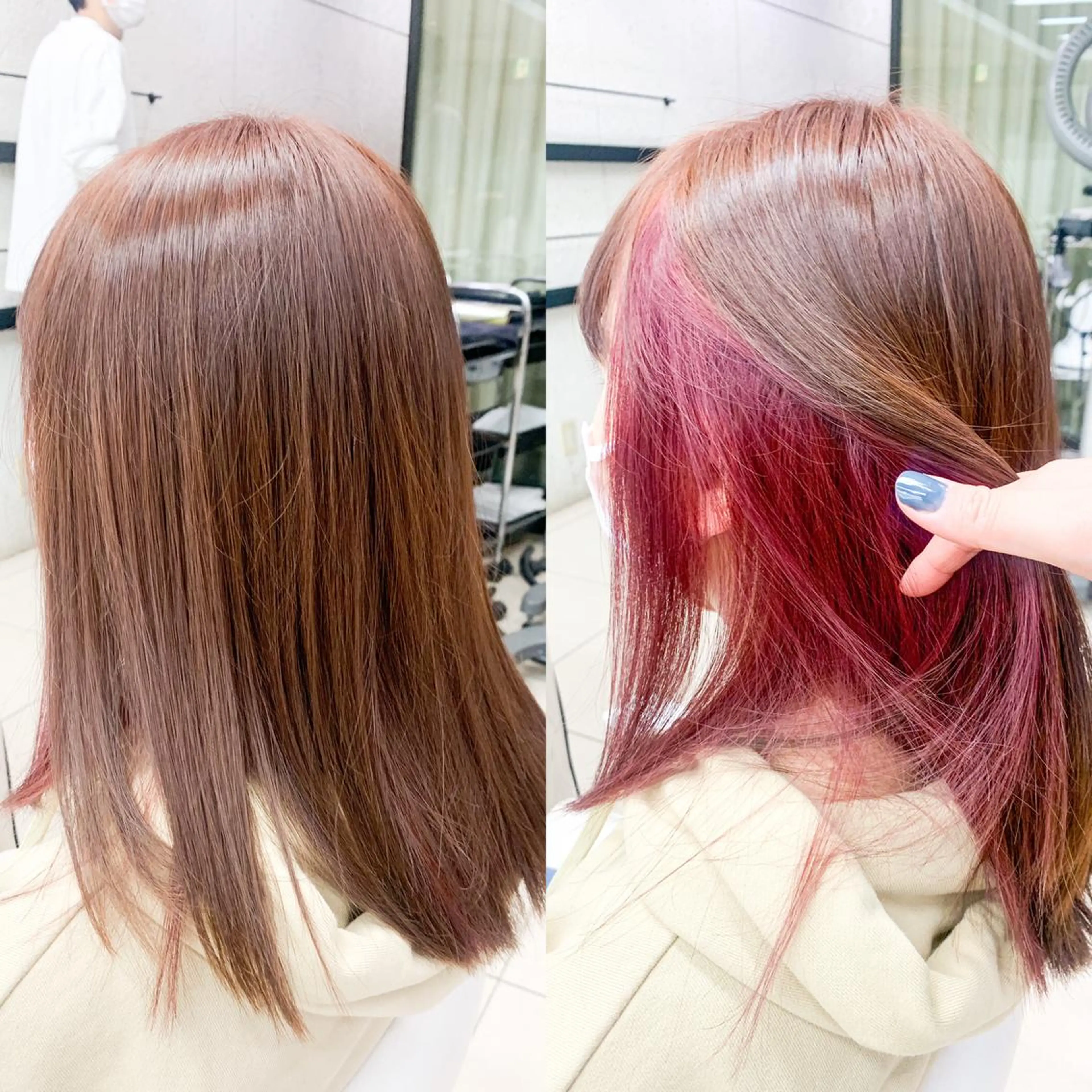 ミディアム カラー ブラウンカラー インナーカラー ピンクカラー ヘアカラー ✂︎✂︎レディースの メンズカット屋さんのヘアスタイル