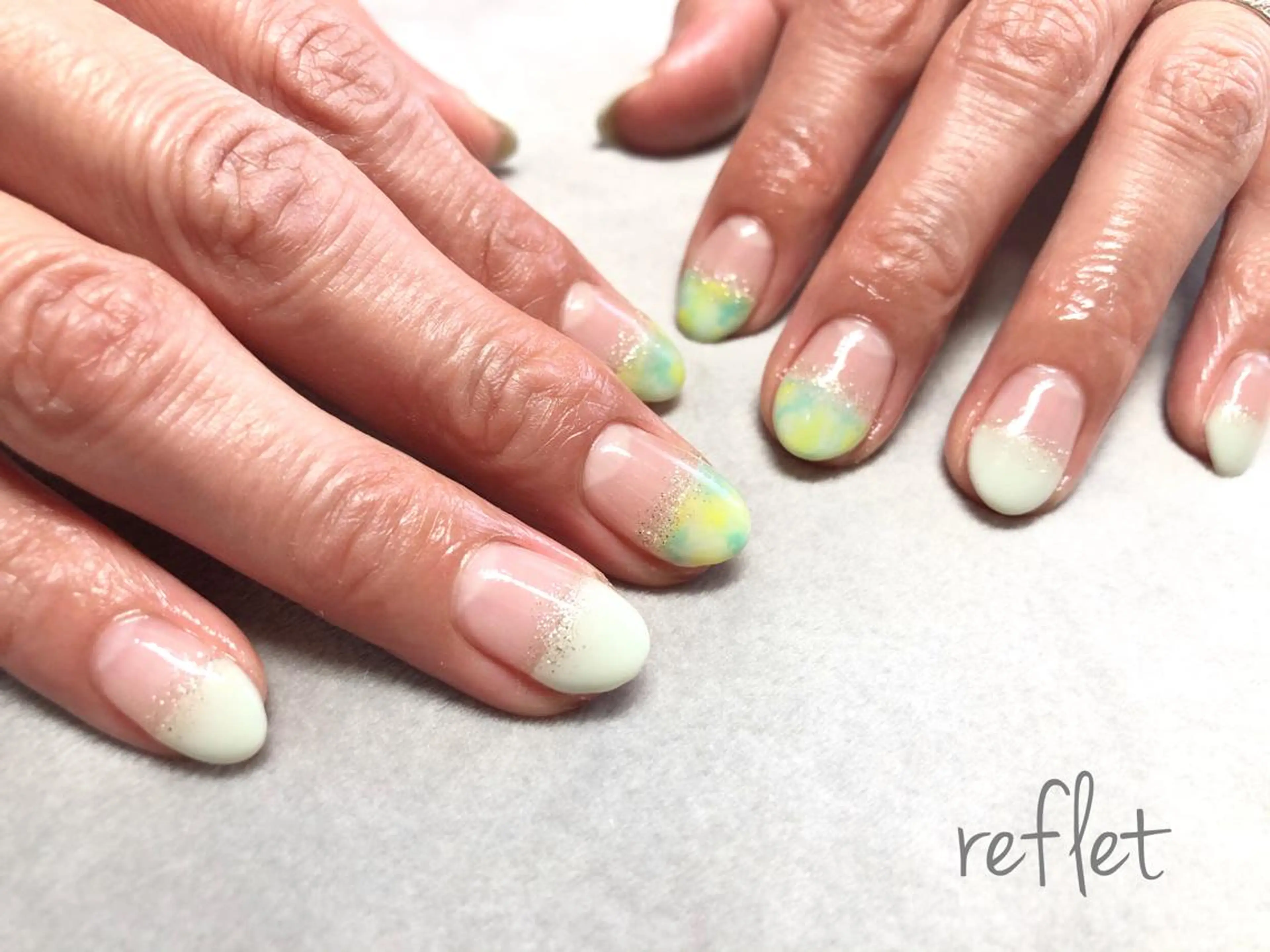 ネイル アートネイル グリーン 春ネイル ハンドネイル reflet nailのネイルデザイン
