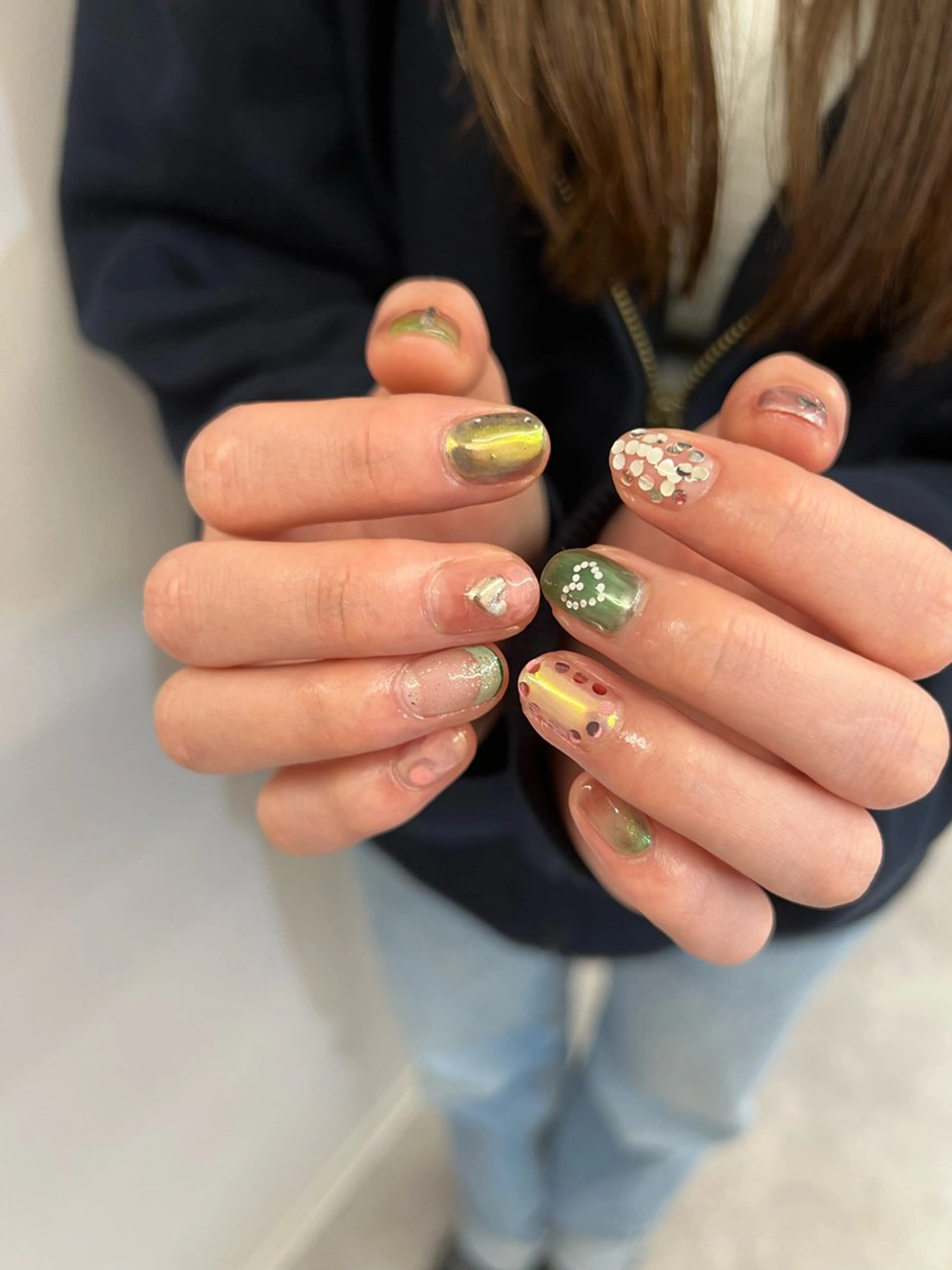 ネイル ジェルネイル グリーン ハート ミラーネイル パラジェル Bana_ Nailのその他イメージ