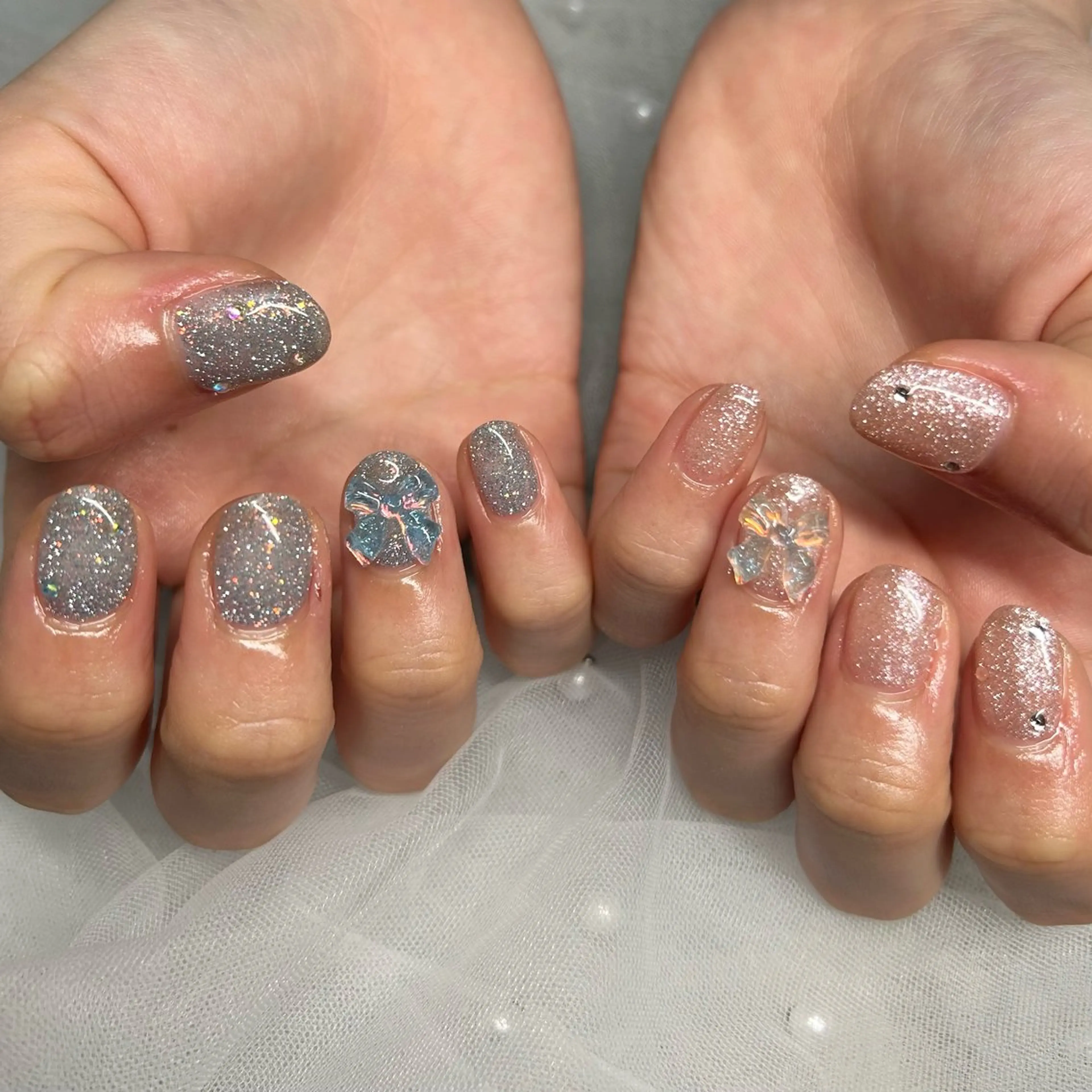 ネイル フラッシュネイル リボン ストーンネイル ハンドネイル ten nail salon　かえでのネイルデザイン