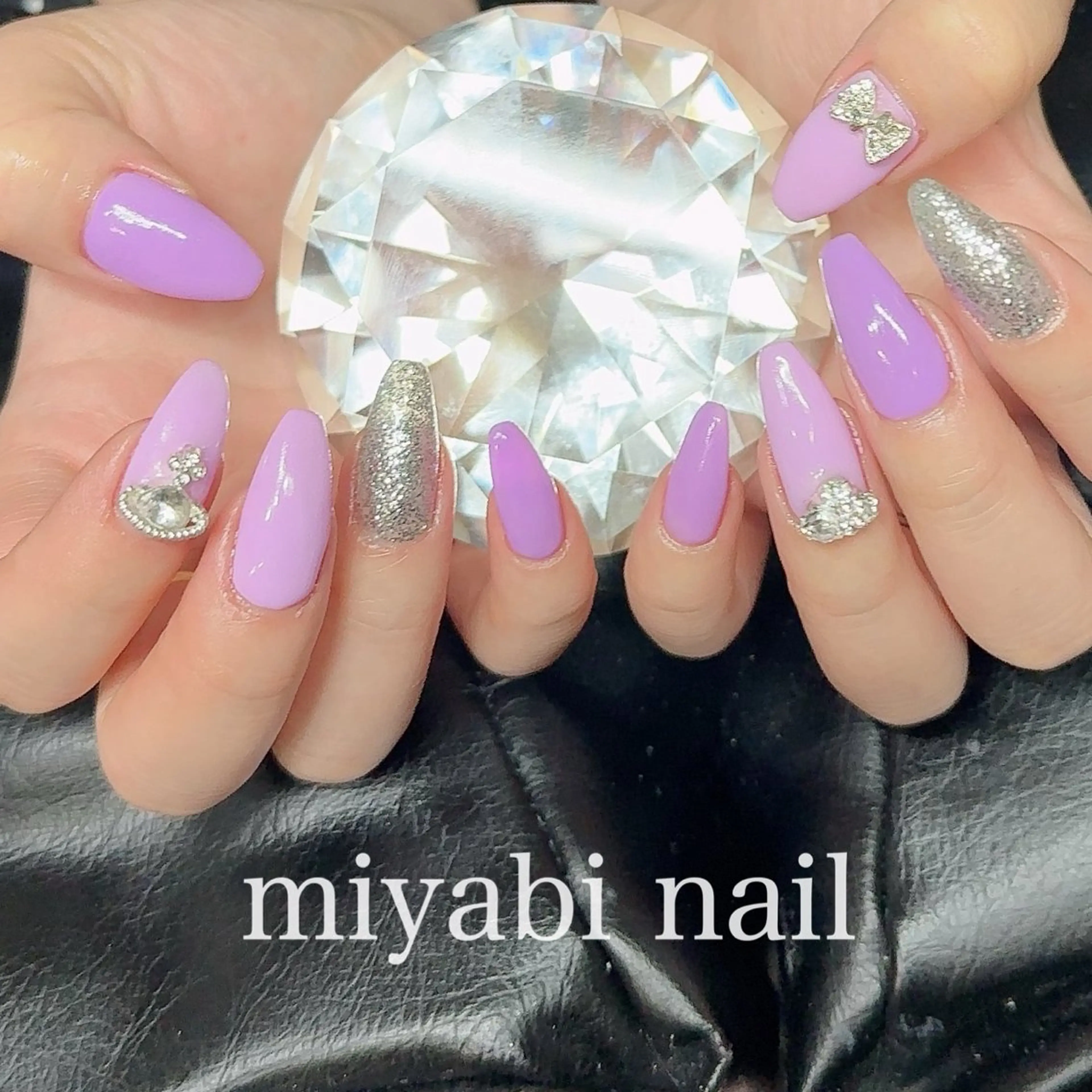 ネイル ジェルネイル ロングネイル 持ち込み パープル リボン ハンドネイル miyabi nail 桂川駅近くのネイルデザイン