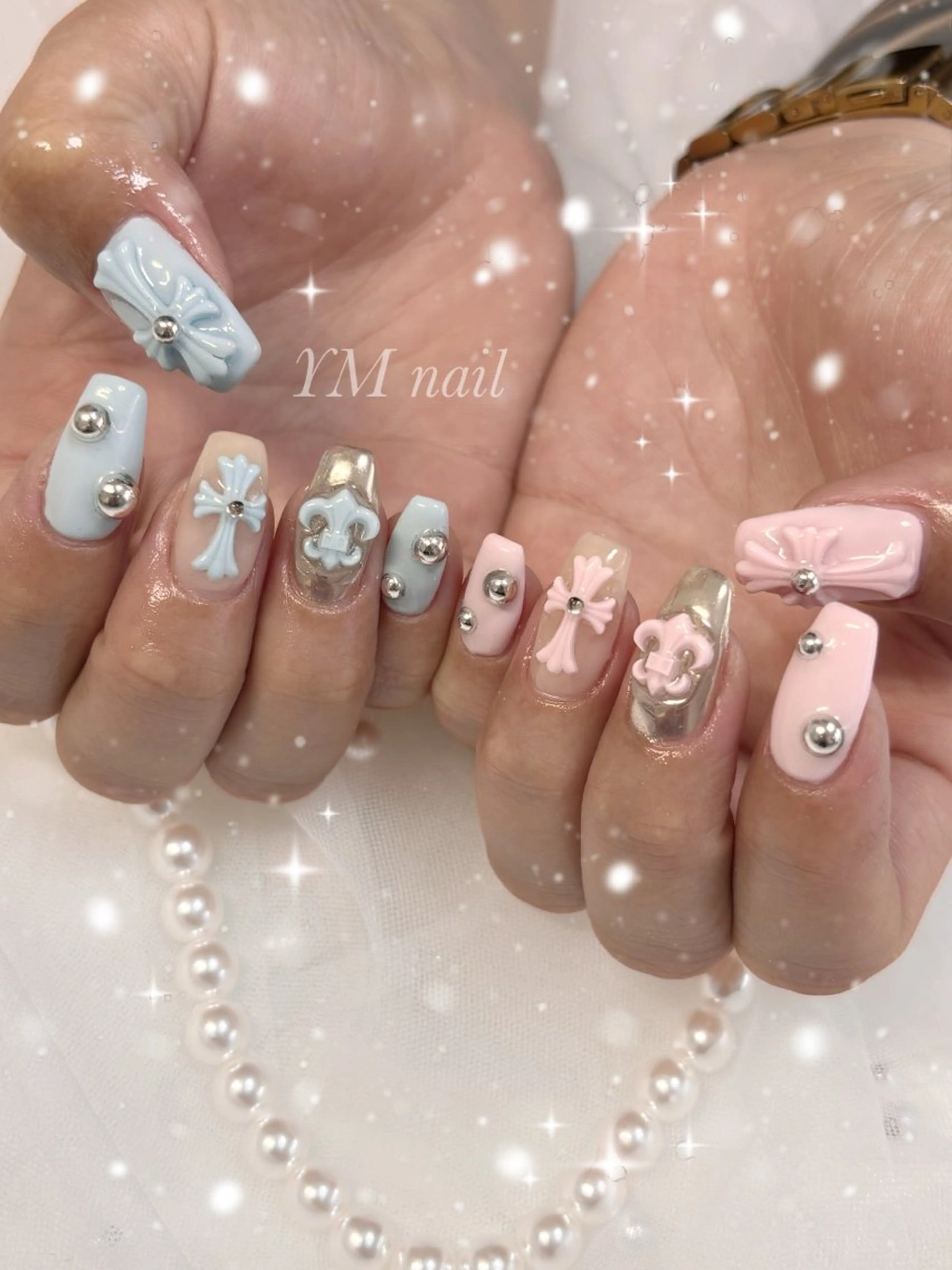 ネイル 水色 ミラーネイル ピンク ハンドネイル YM nailのネイルデザイン