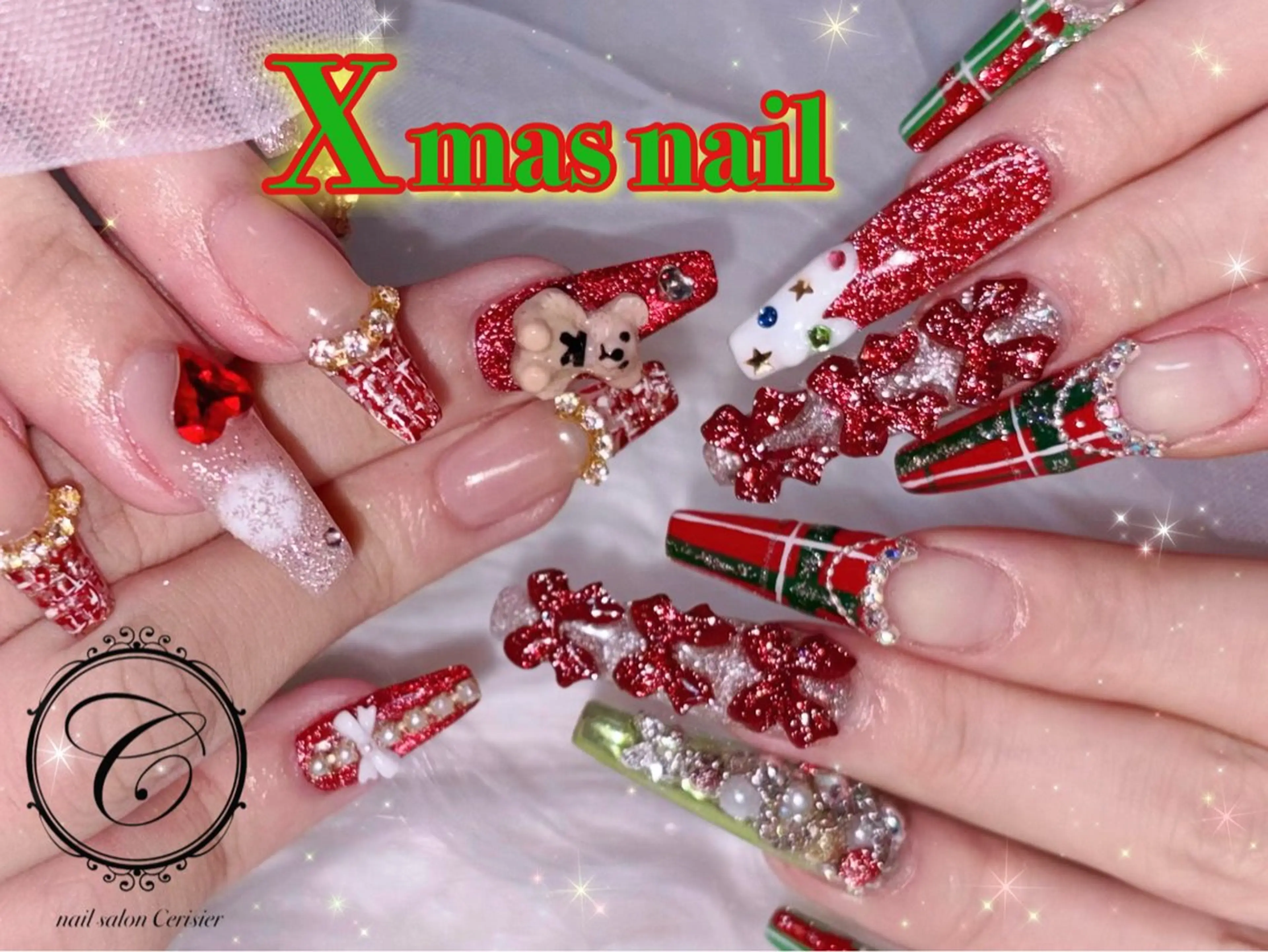 ネイル ジェルネイル マグネットネイル パラジェル 赤色 ツイードネイル cerisier セリシールのネイルデザイン