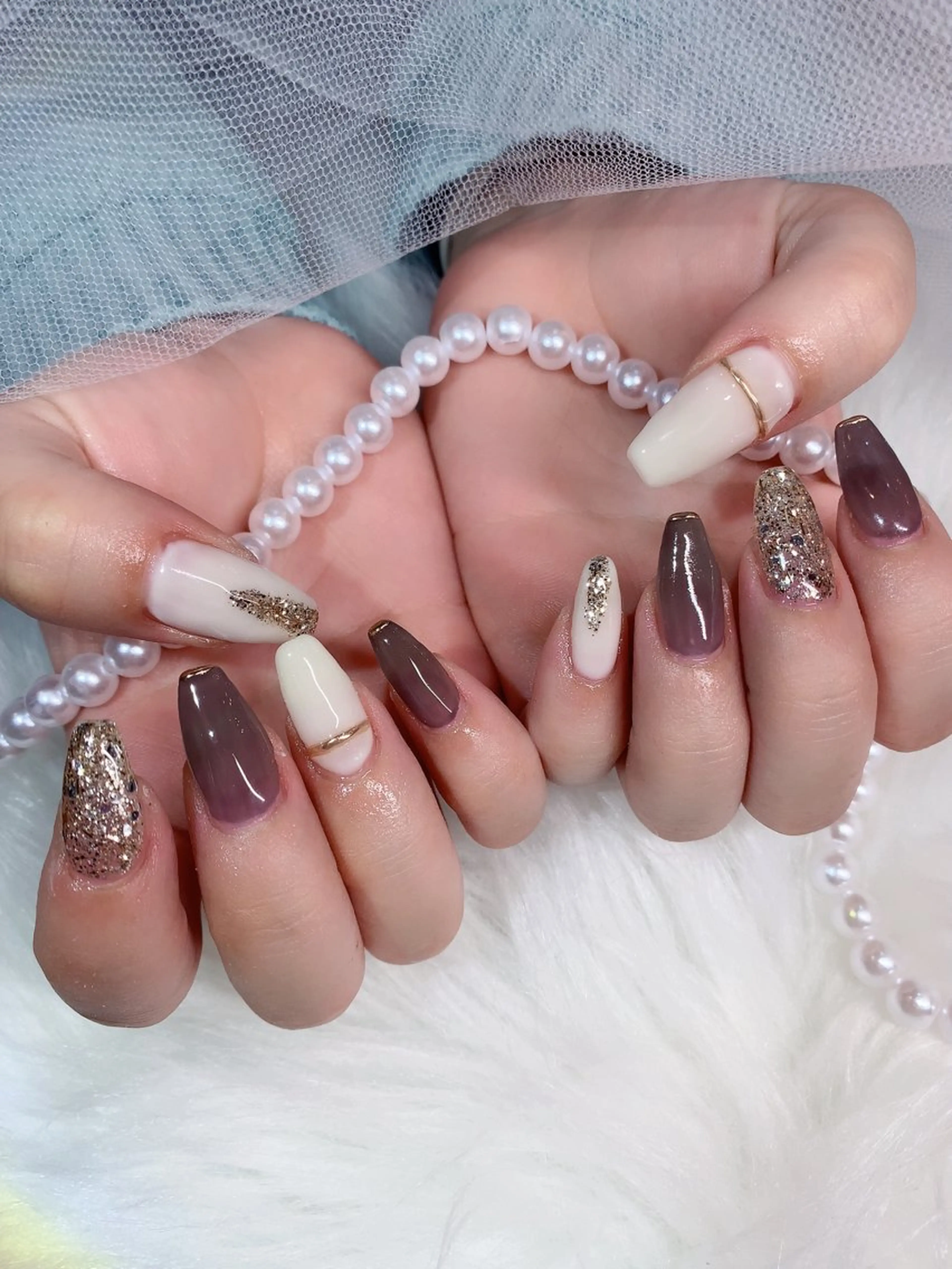ネイル アートネイル ブラウン キラキラネイル ラメ(グリッター) ミラーネイル シェアサロンLei.g(レイジー)所属・3Dアートネイル💗 都築レナのネイルデザイン