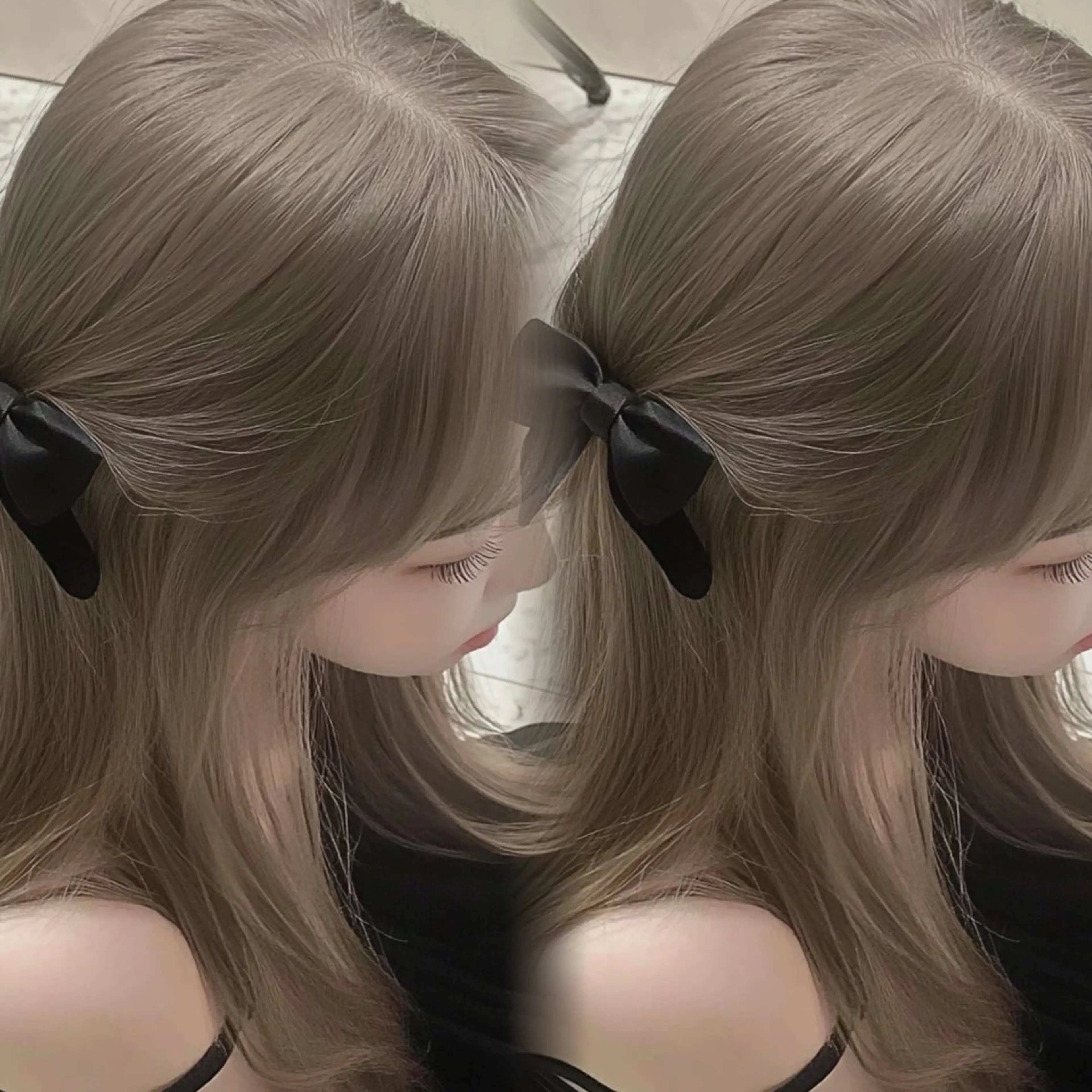 ロング カット ヘアカラー トリートメント 韓国ヘア/ブリーチ無 しWカラー/オリーブのヘアスタイル