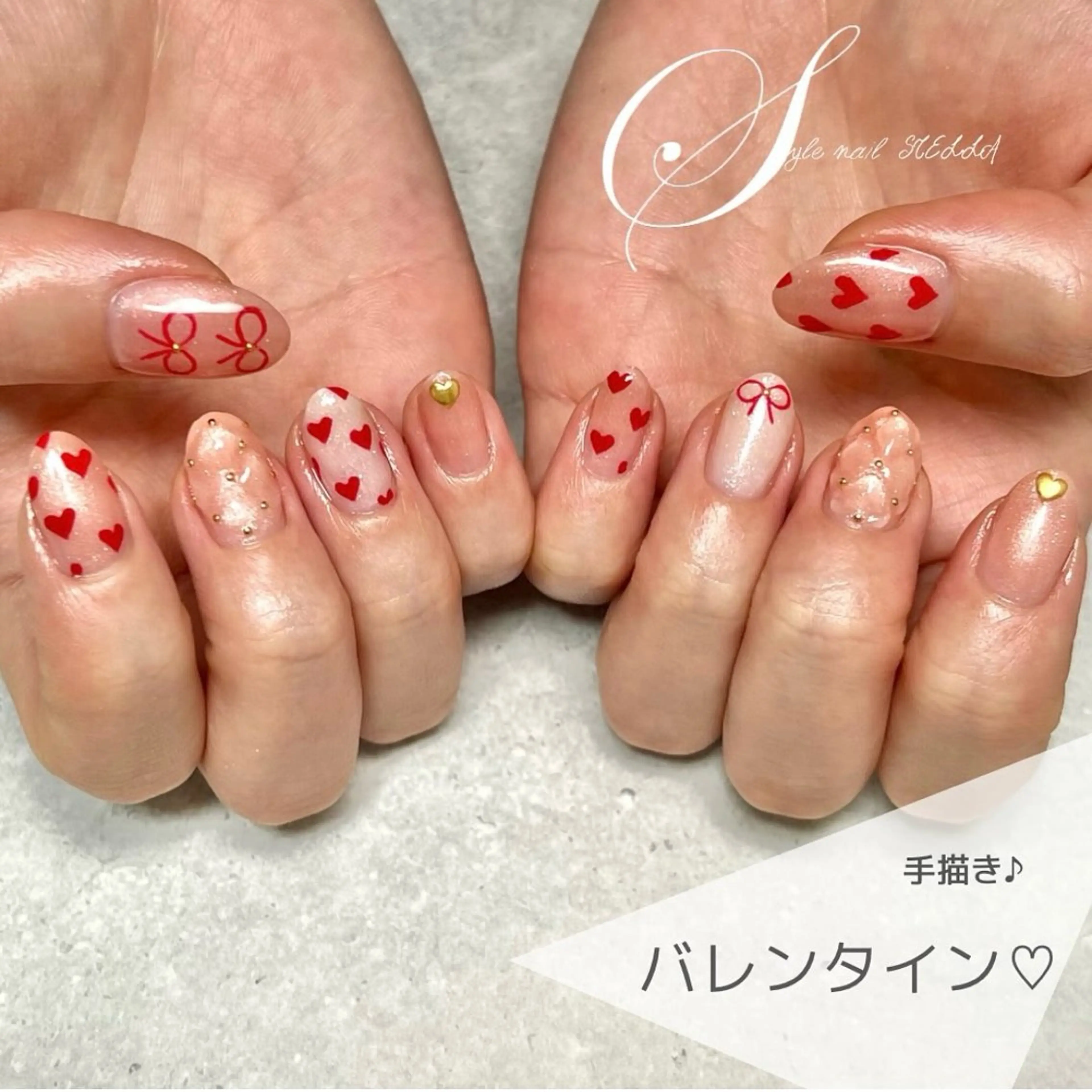 ネイル アートネイル ハート リボン バレンタイン ハンドネイル ステラ marikominoのネイルデザイン