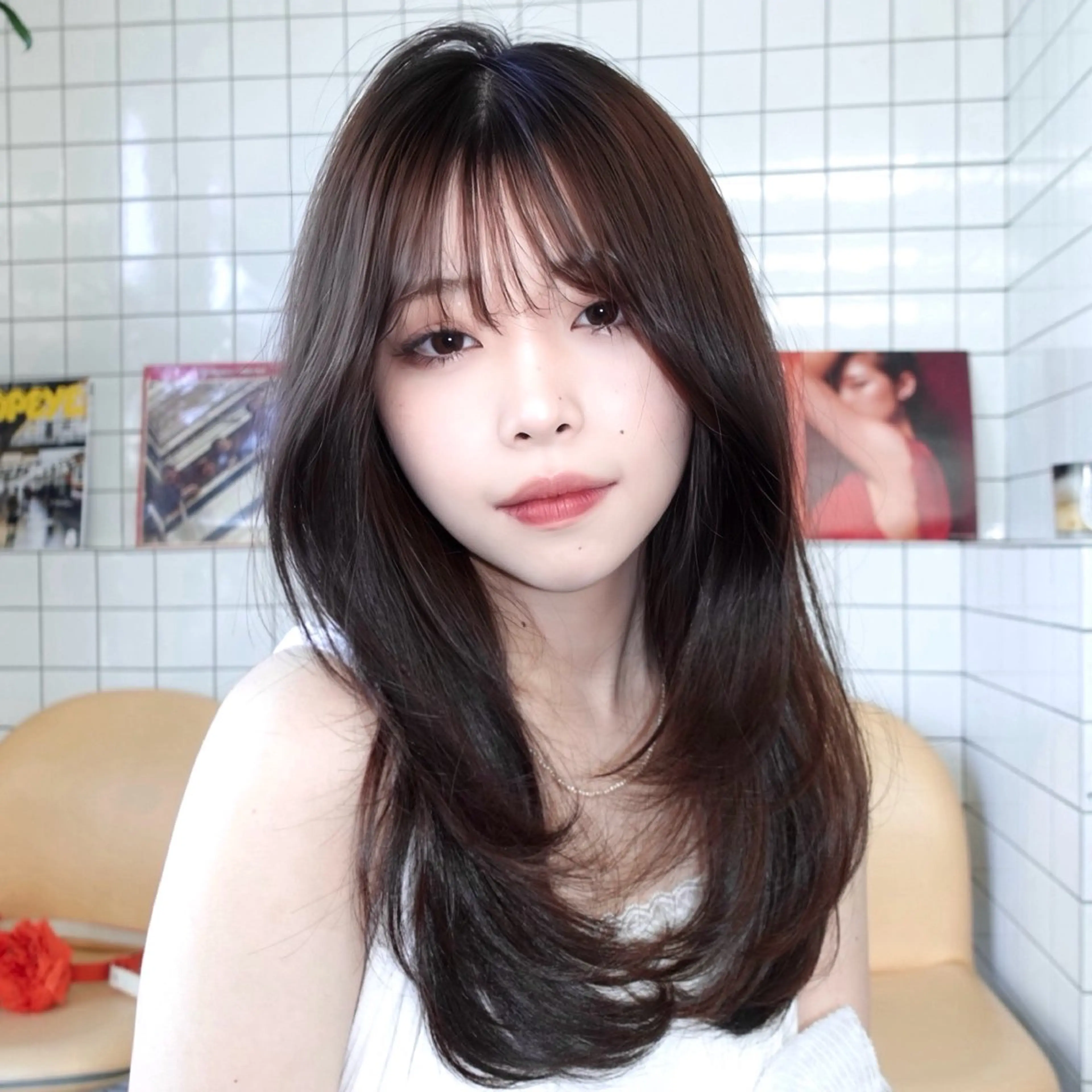 ロング カラー ブラウンカラー 透明感カラー 顔周りカット ハッシュカット 韓国風ヘア カット ヘアカラー トリートメント レイヤーカット ハッシュカットのヘアスタイル