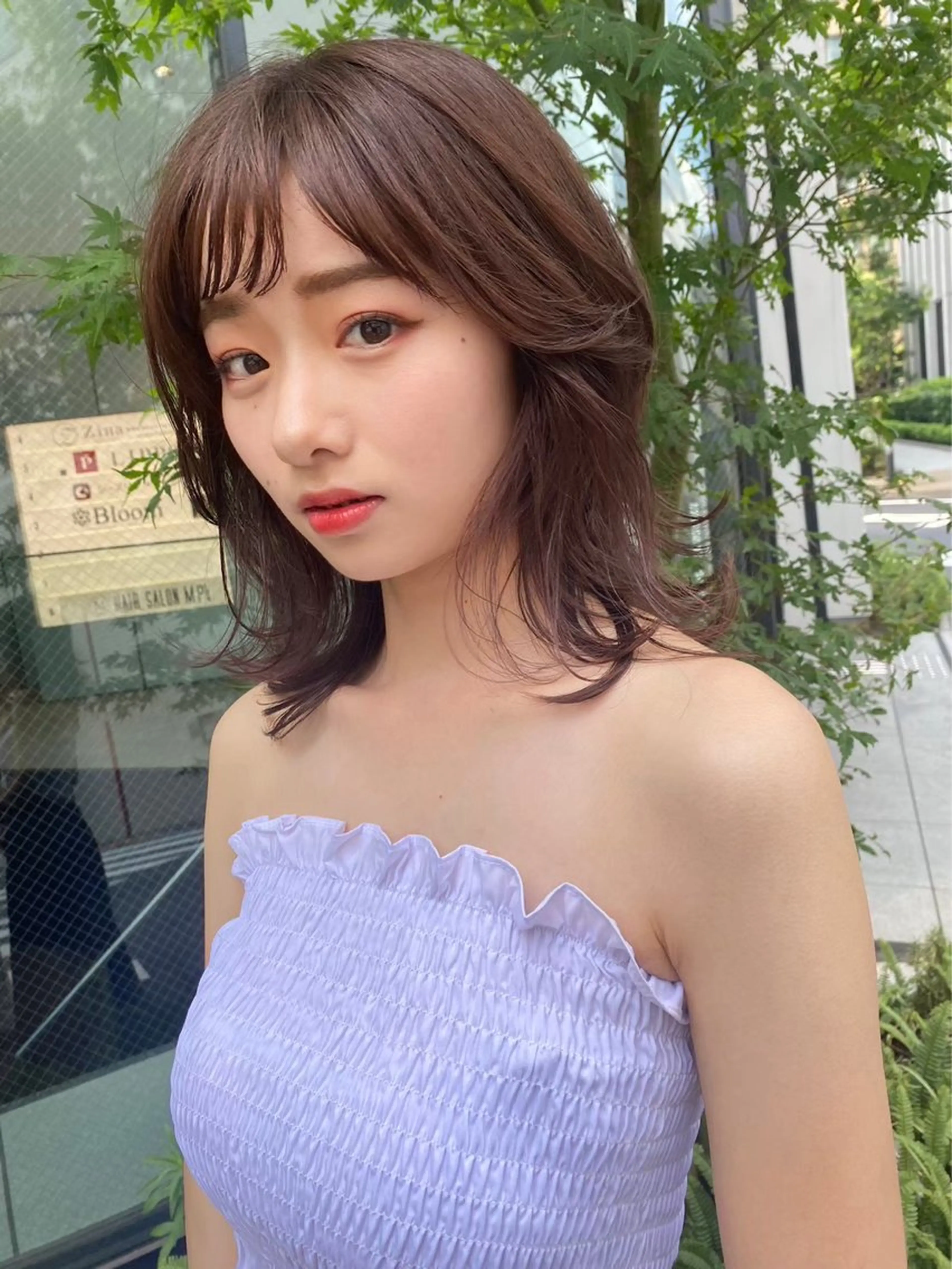 ミディアム カラー ミディアムパーマ アッシュ 黒髪 ブリーチ ボブ ヘアカラー トリートメント 【公式】amble luxe池袋東口🩷のヘアスタイル