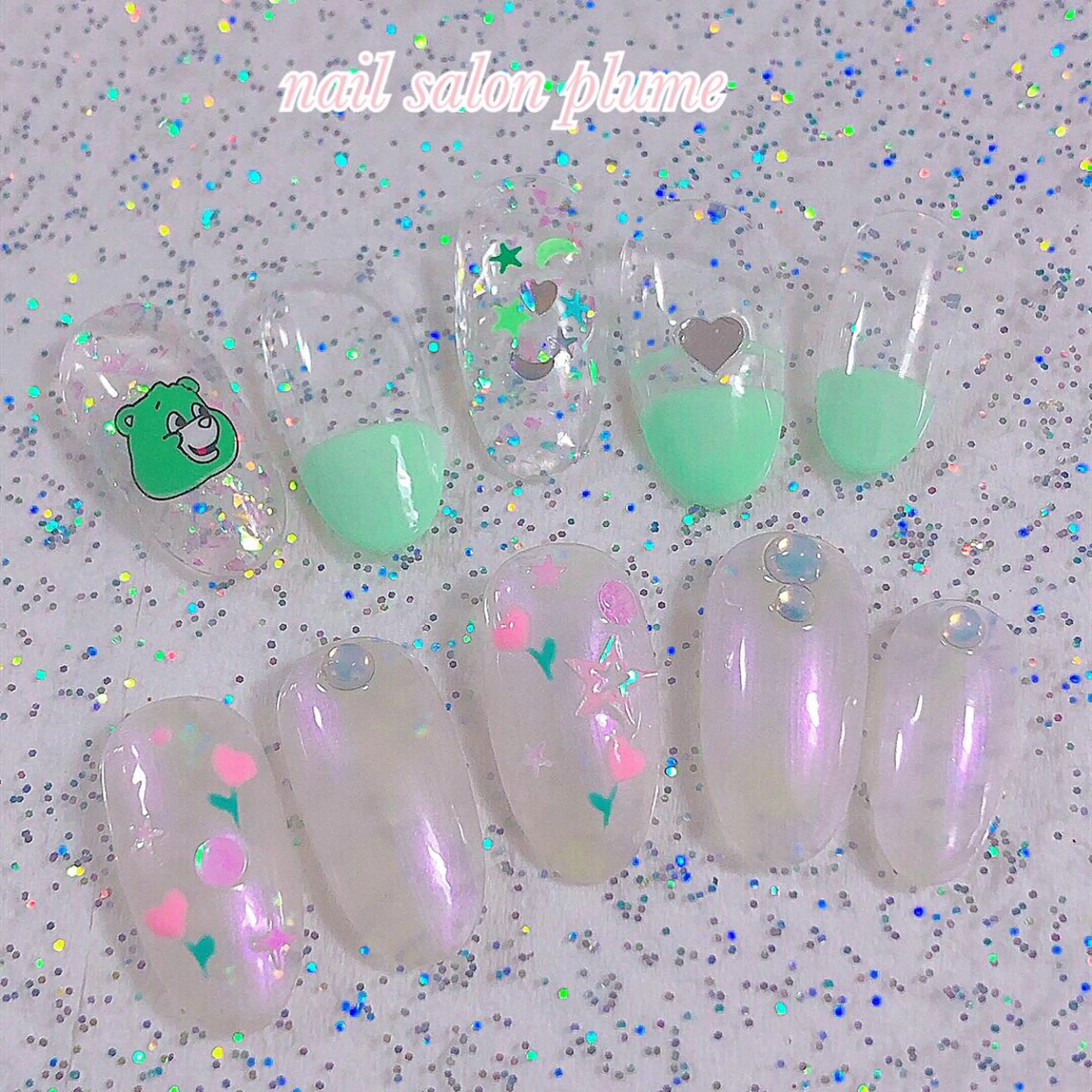 ネイル アートネイル オーロラネイル クリアネイル ハート キラキラネイル plume nail ☆韓国ネイルのネイルデザイン