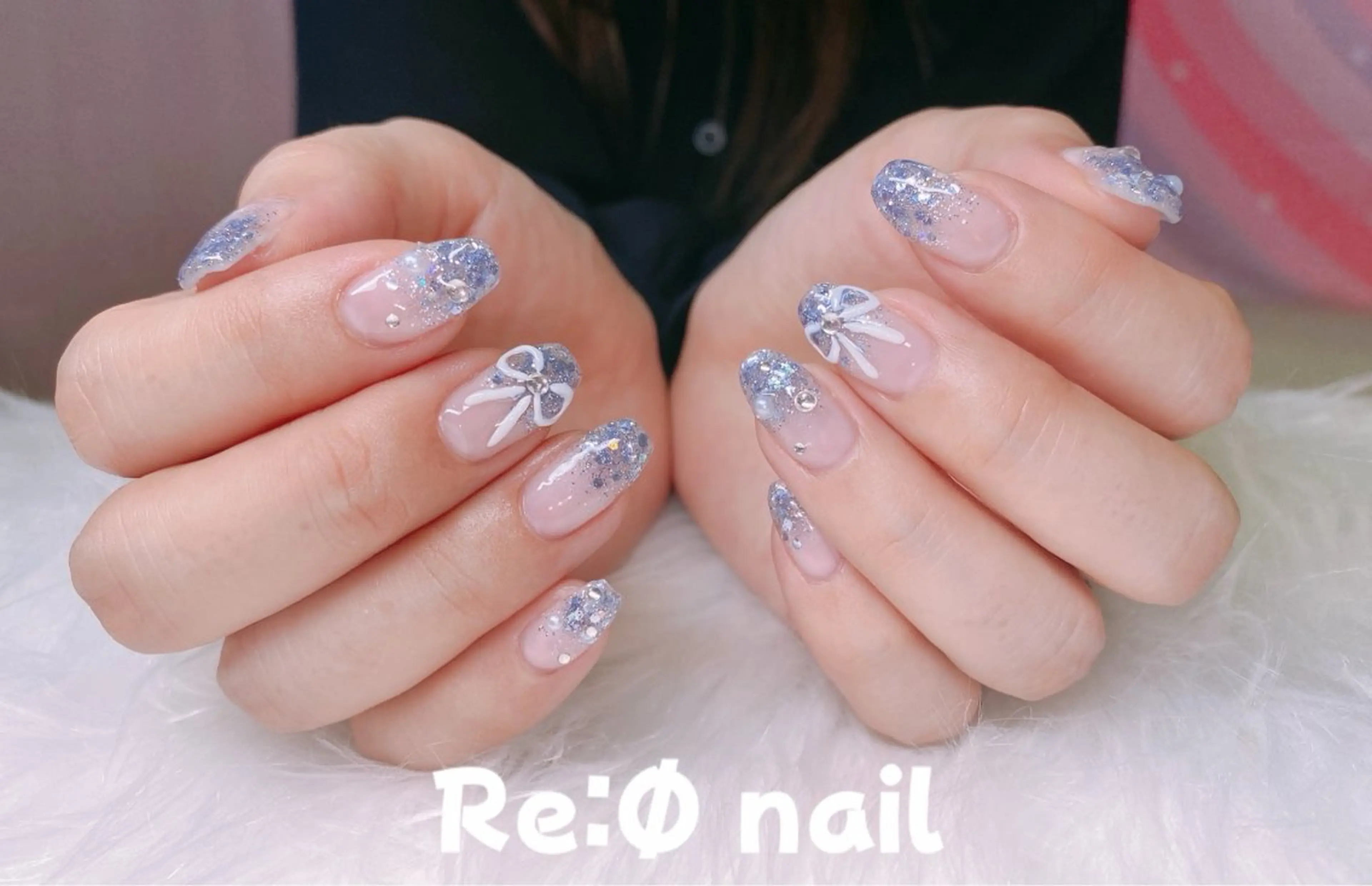 ネイル ラメ(グリッター) ラメグラデーション リボン ハンドネイル Re:Ø nail 🩵TSUJIのネイルデザイン