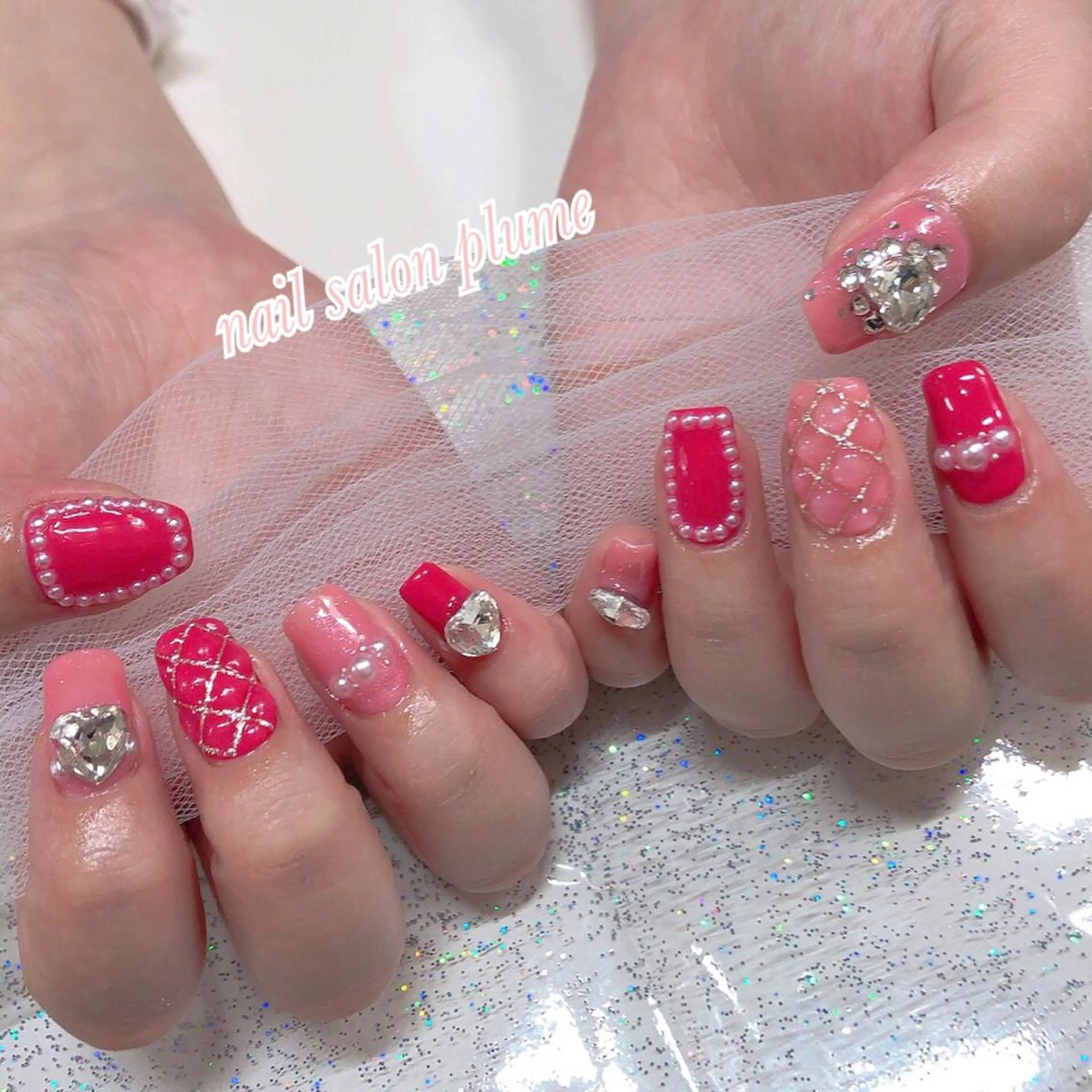 ネイル アートネイル ハート キラキラネイル 韓国ネイル ピンク ハンドネイル plume nail ☆韓国ネイルのネイルデザイン