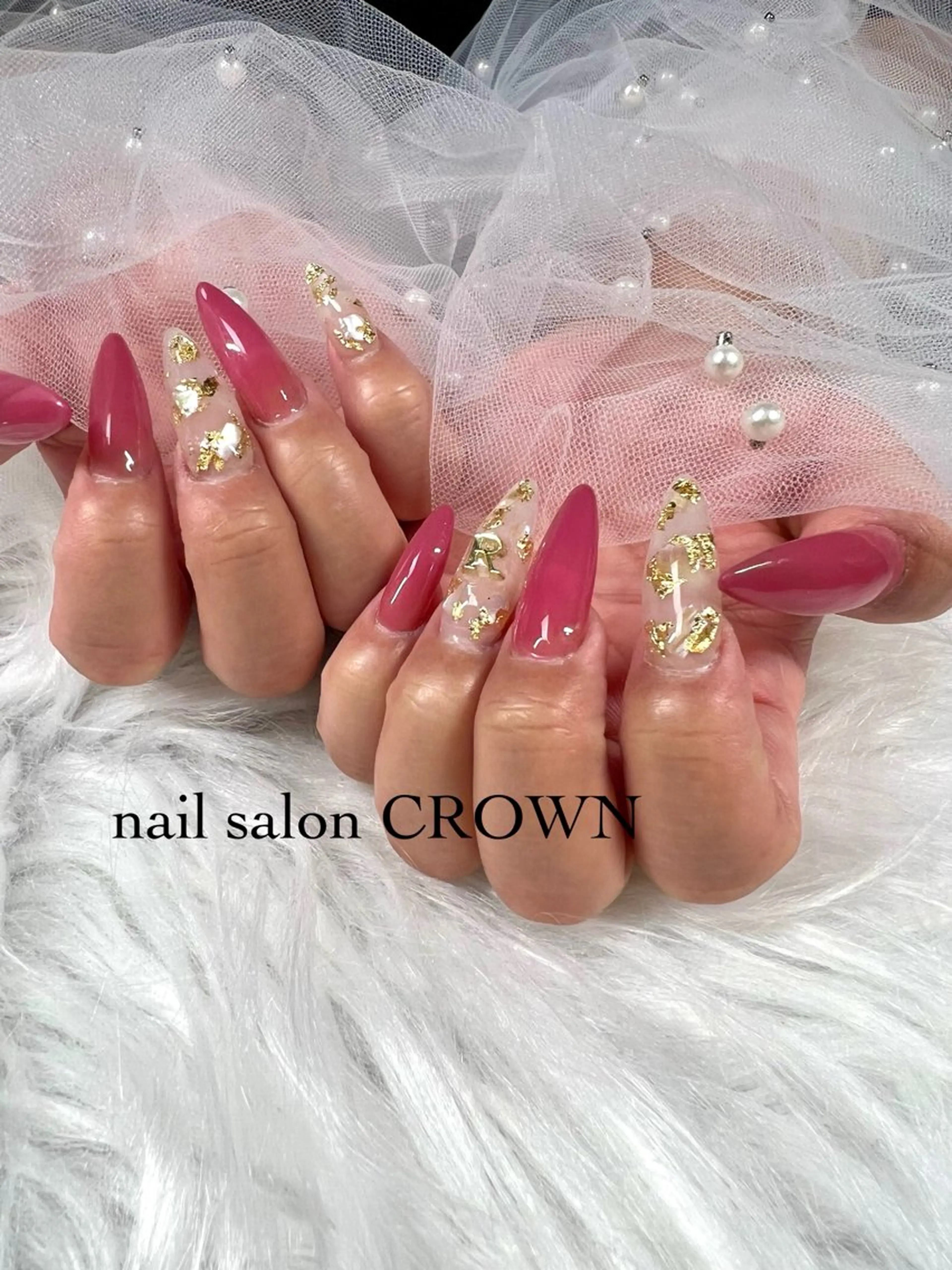 ネイル 長さ出し ロングネイル ピンク スカルプネイル 春ネイル nail salon CROWNのネイルデザイン
