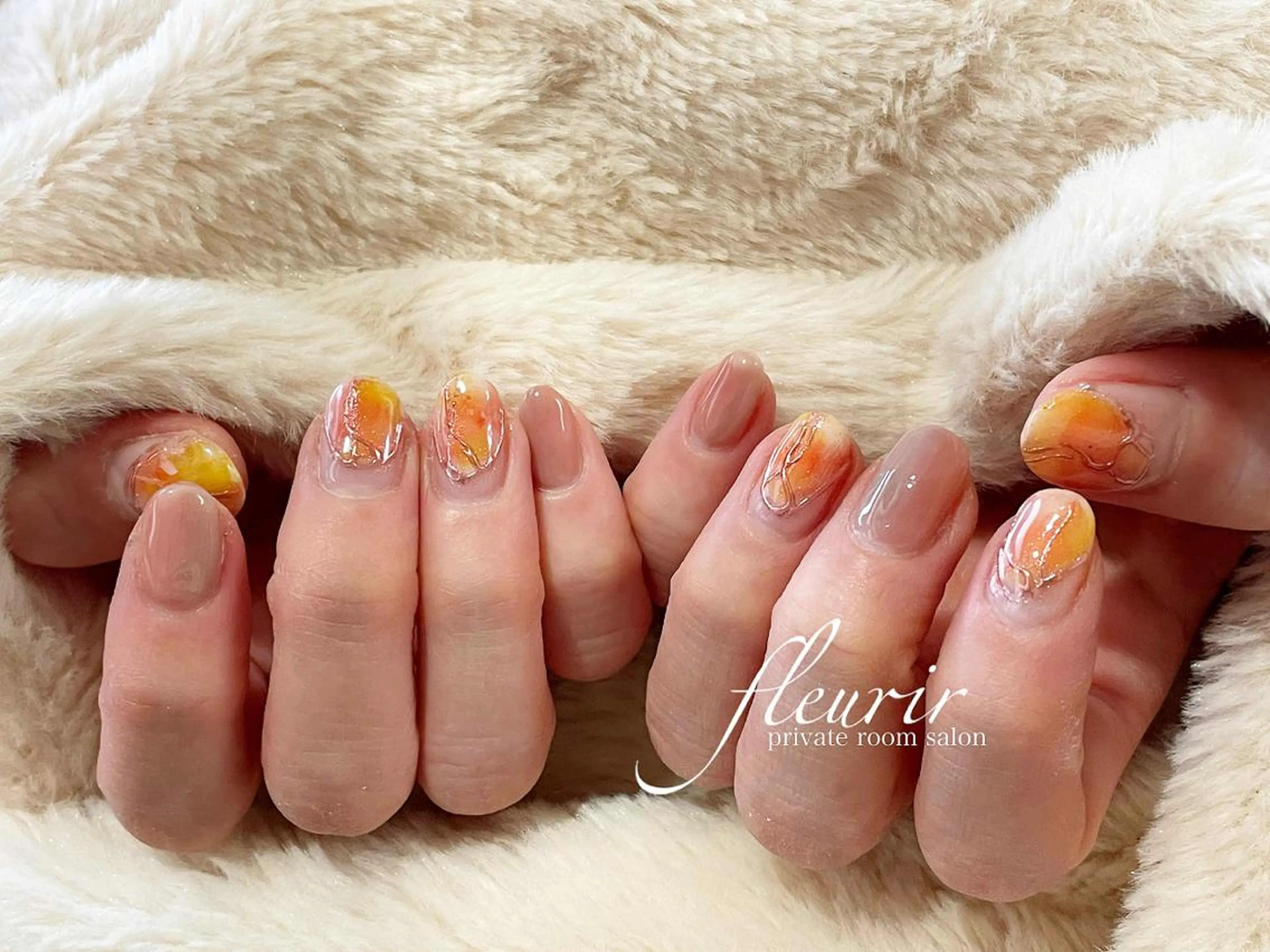 ネイル アートネイル フレンチネイル ミラーネイル オレンジ ピンク フルリール 【プライベートサロンのネイルデザイン