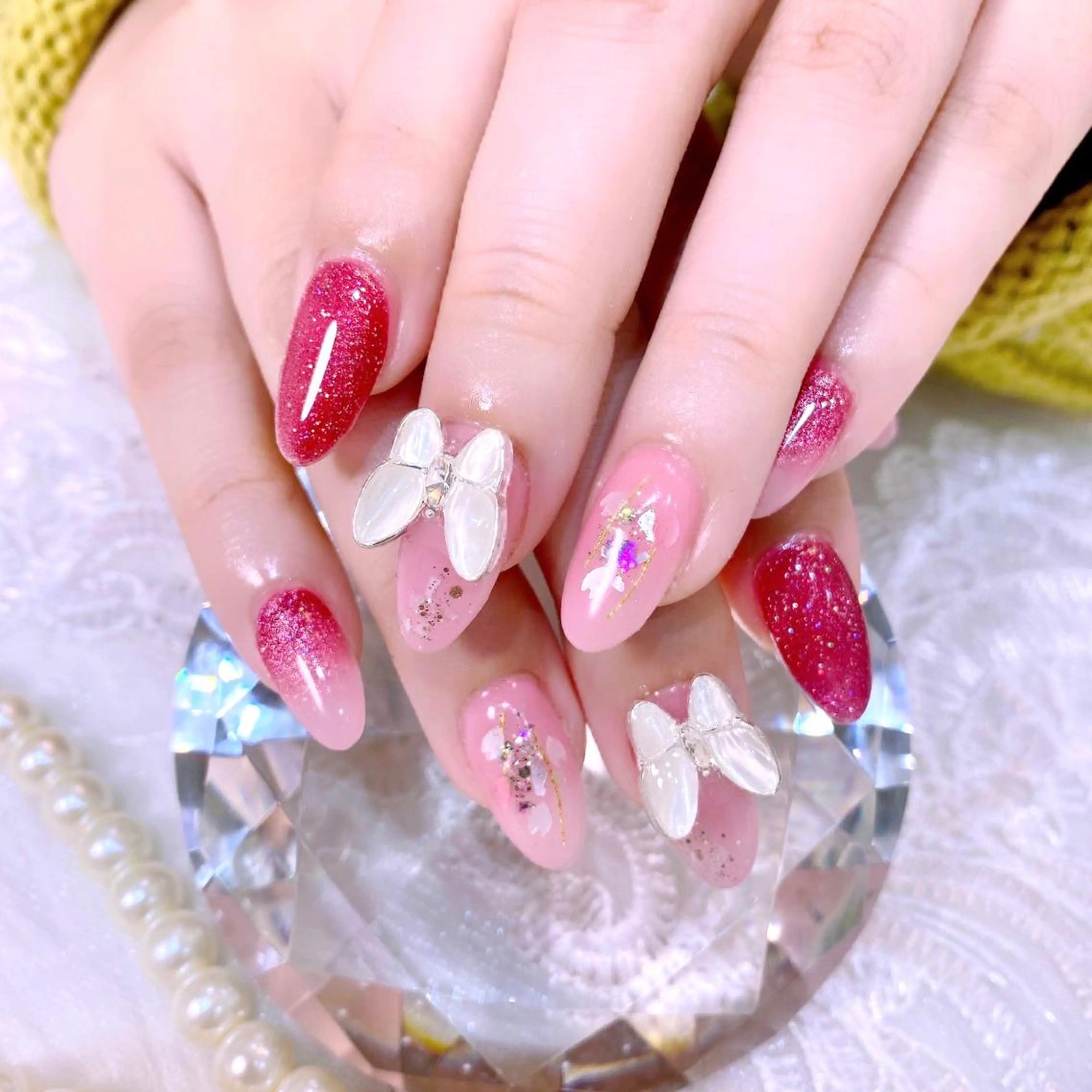 ネイル マグネットネイル ピンク 赤色 NAILSALON MEILIのネイルデザイン