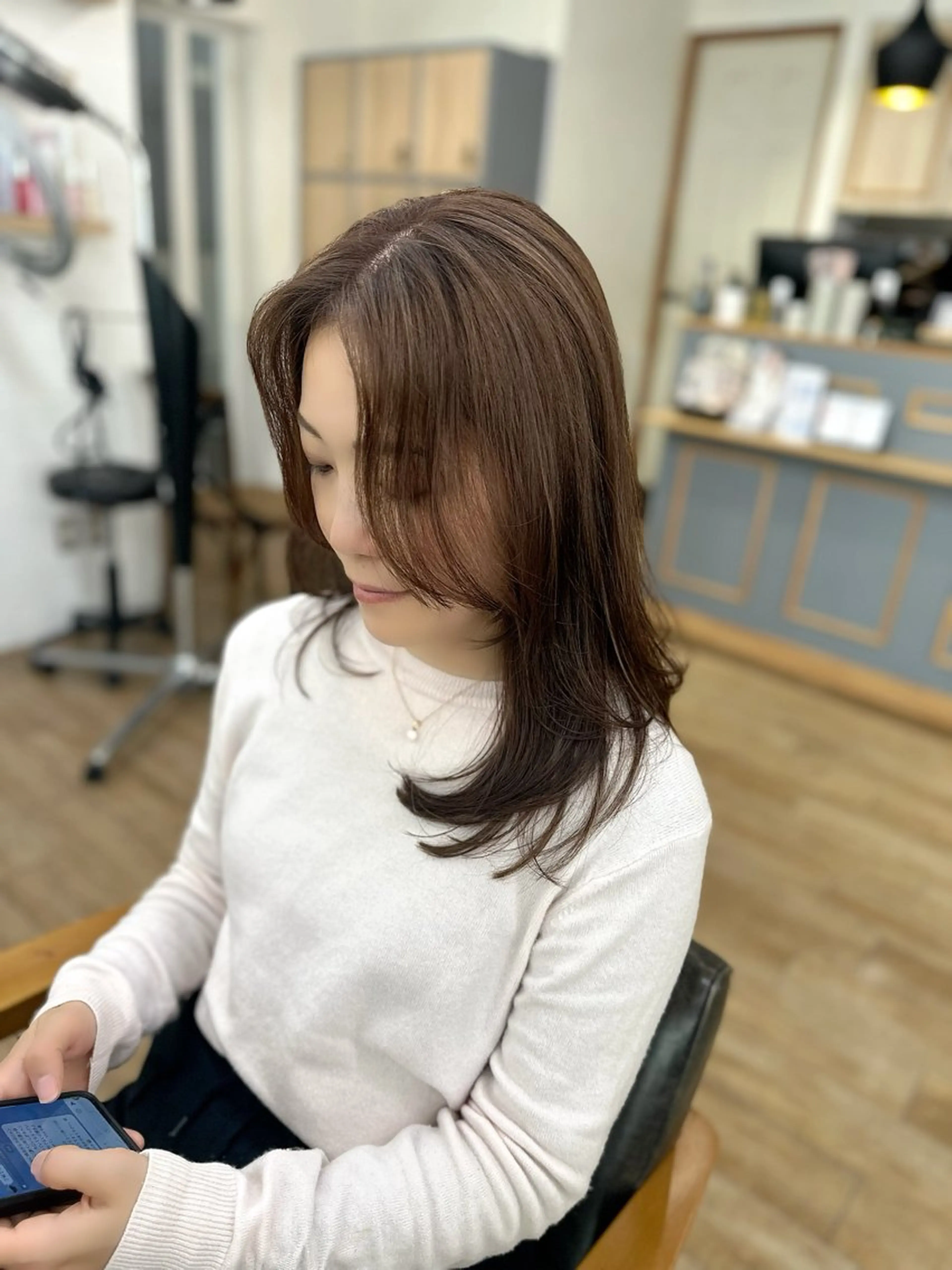 セミロング カラー パーマ ヘアアレンジ メンズ キッズ 小顔顔まわり/ レイヤーカット🌿のヘアスタイル