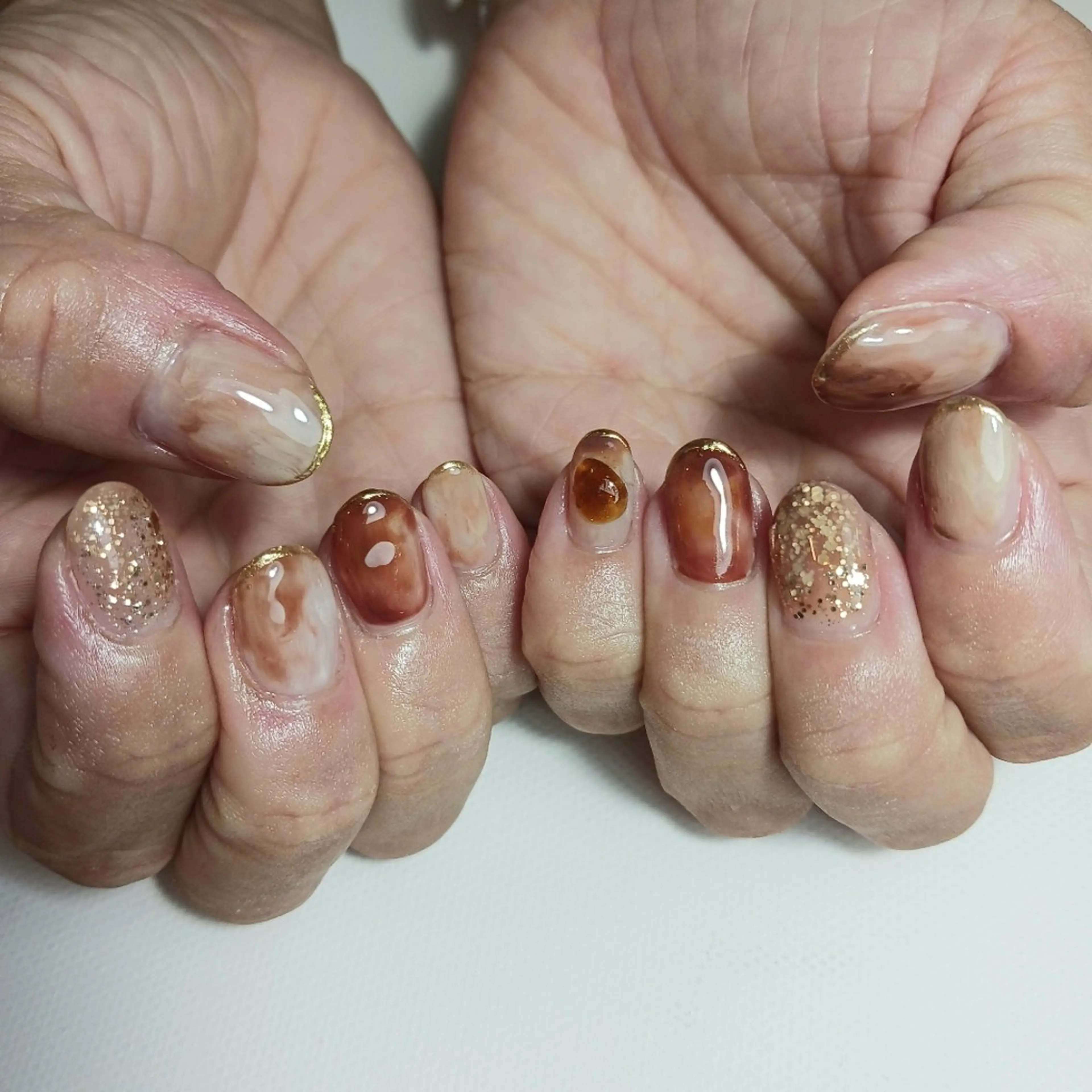 ネイル ブラウン フレンチネイル ジェルネイル ミラーネイル 持ち込み ハンドネイル owlnail /持込みデザイン専門のネイルデザイン