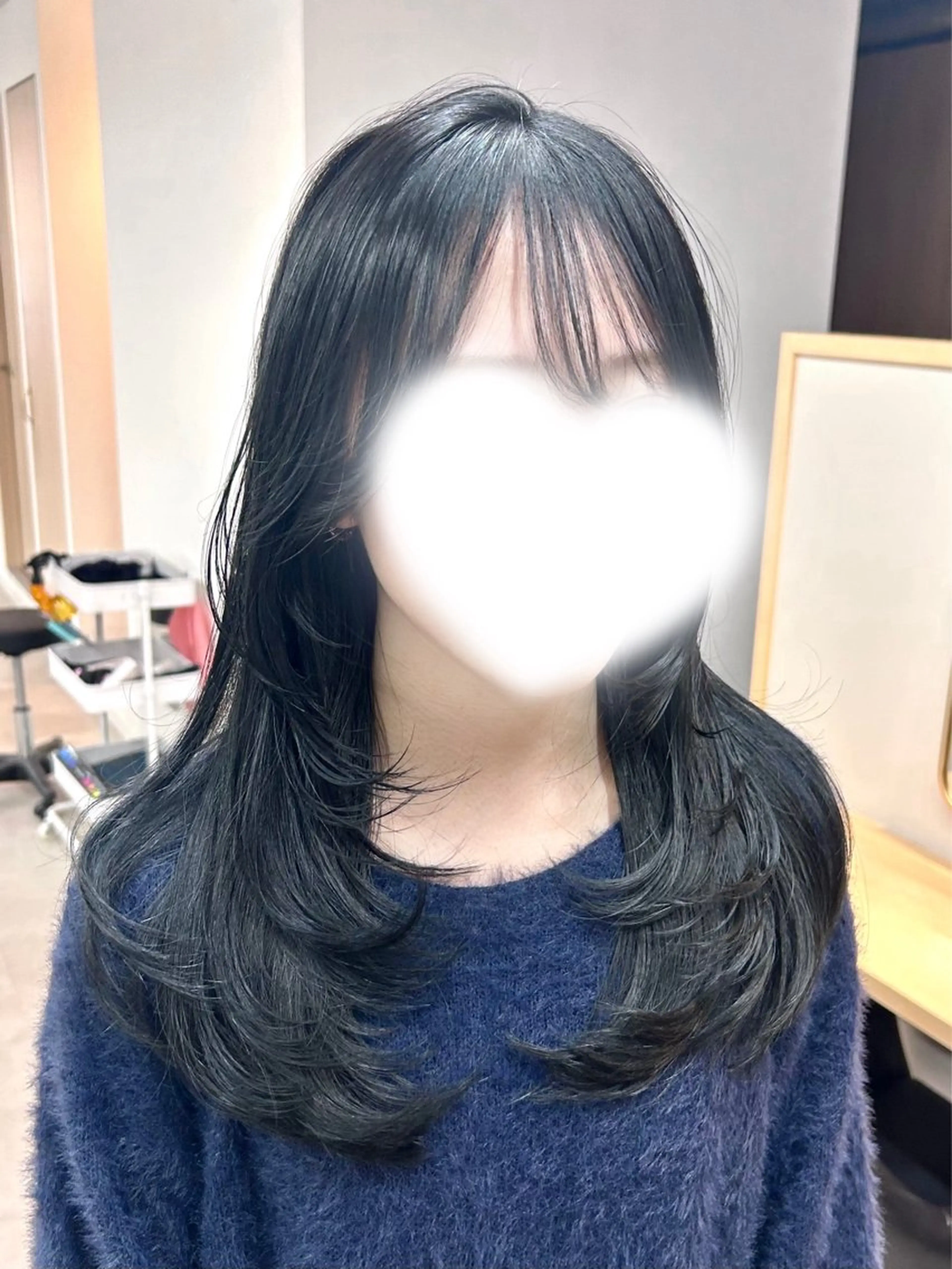 セミロング カラー 黒髪 ブルーカラー ブルーブラック レイヤーカット カット ヘアカラー トリートメント 艶カラー/レイヤー/ ハイトーン/まなみのヘアスタイル