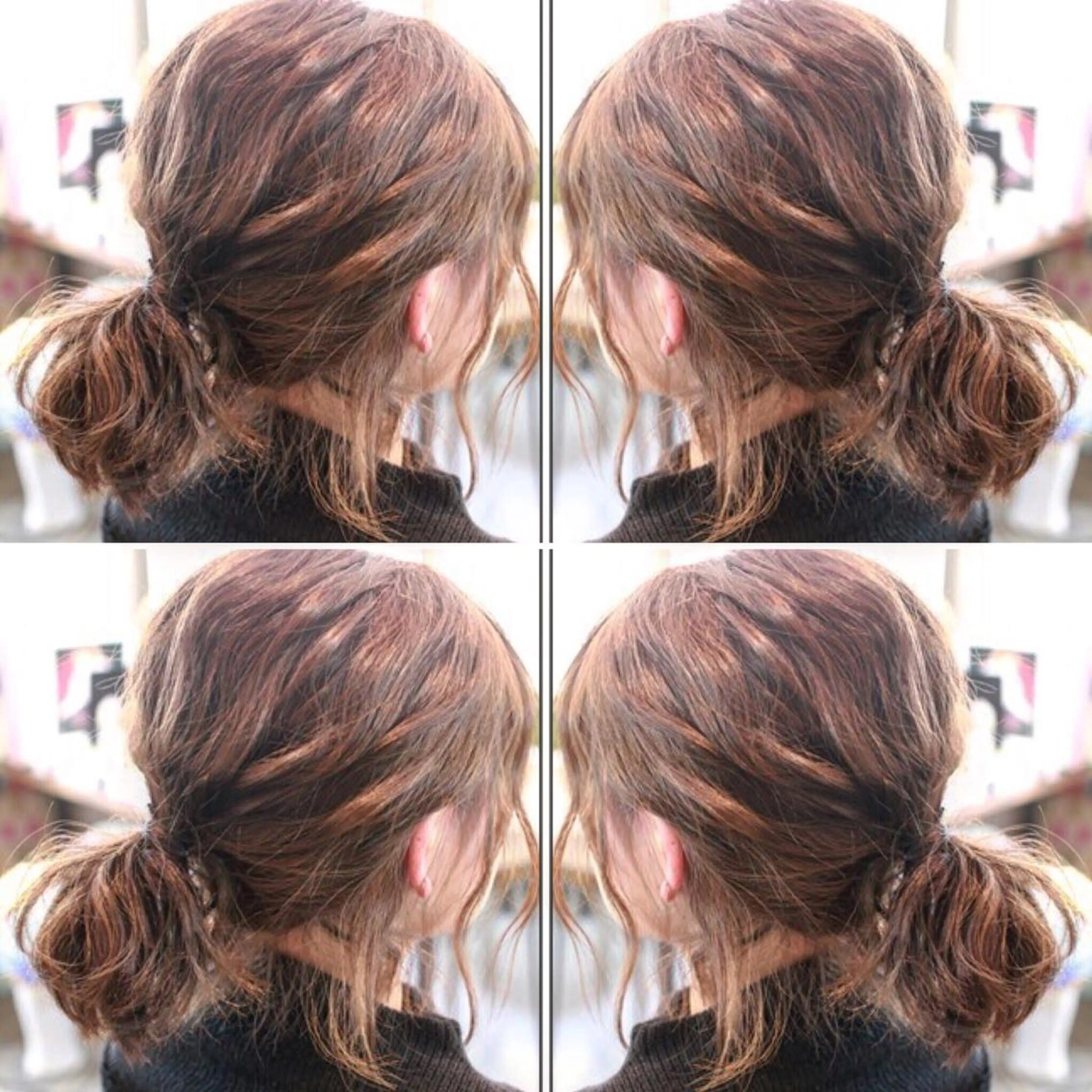 ミディアム カラー ヘアアレンジ お団子ヘア メッシュ Mariana/ 鶴原-ハイライトのヘアスタイル