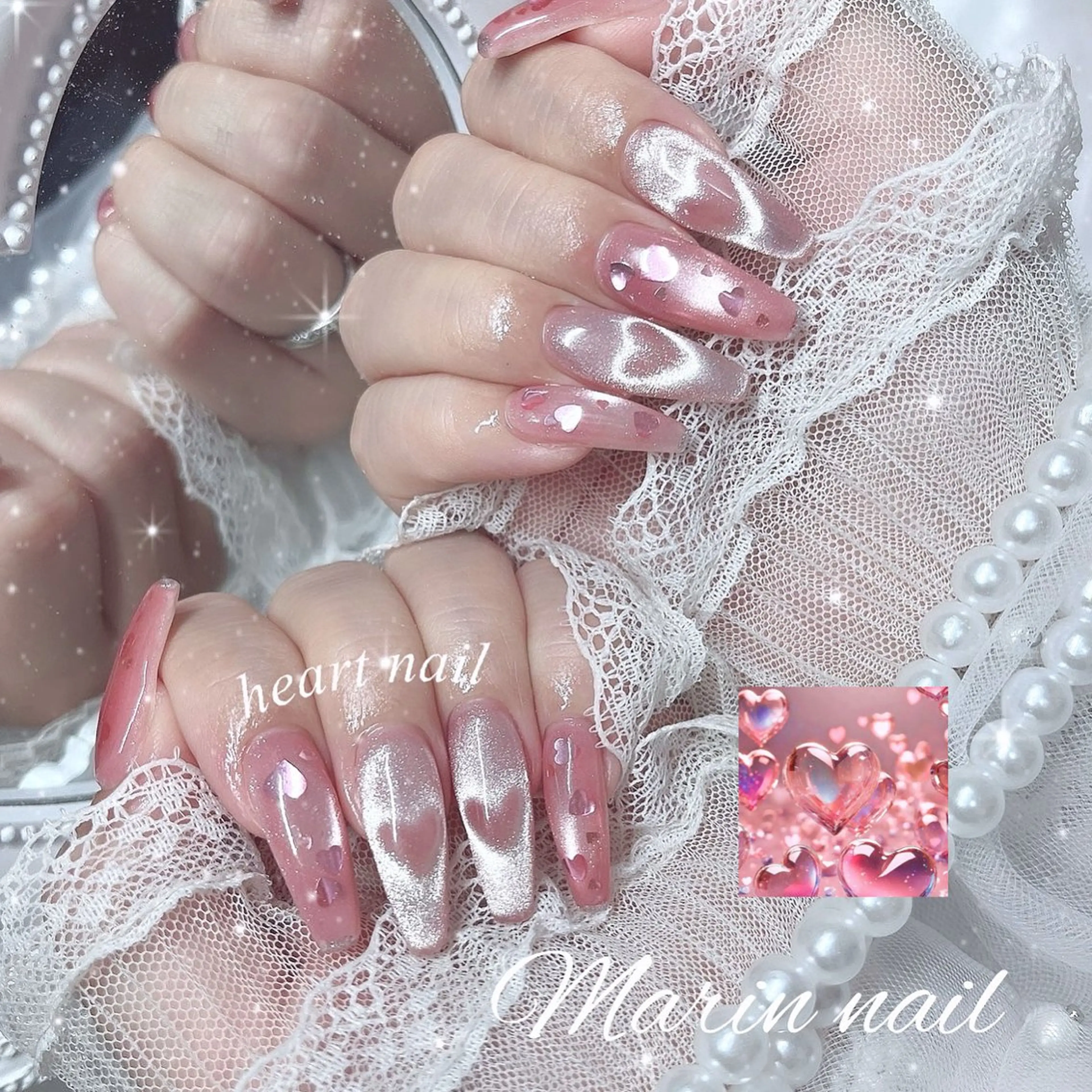 ネイル アートネイル ハート マグネットネイル 持ち込み 春ネイル ハンドネイル Marin nailのネイルデザイン