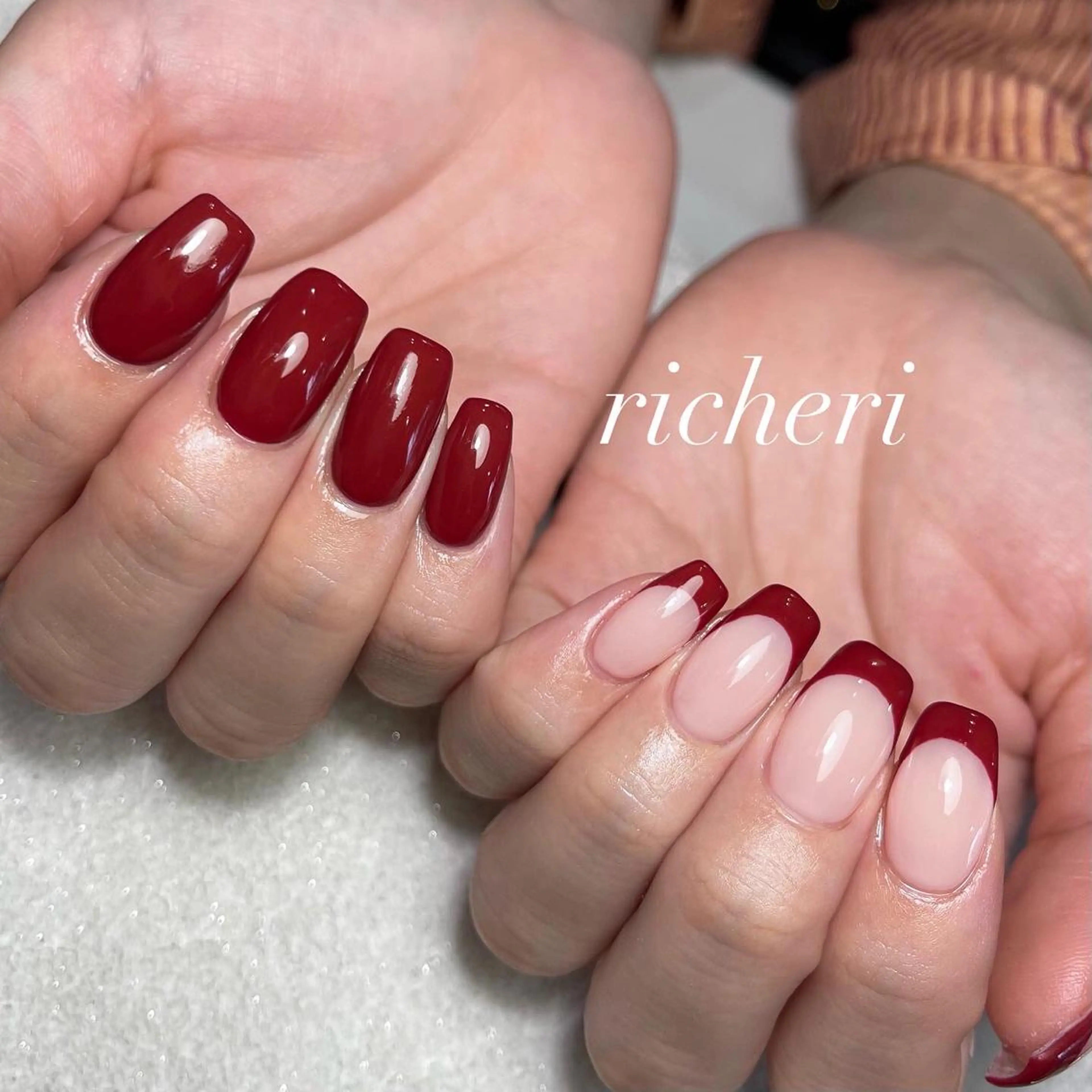 ミディアム ネイル 韓国風ヘア アートネイル ボルドー フレンチネイル ジェルネイル richeri beautyのエステ・リラクイメージ