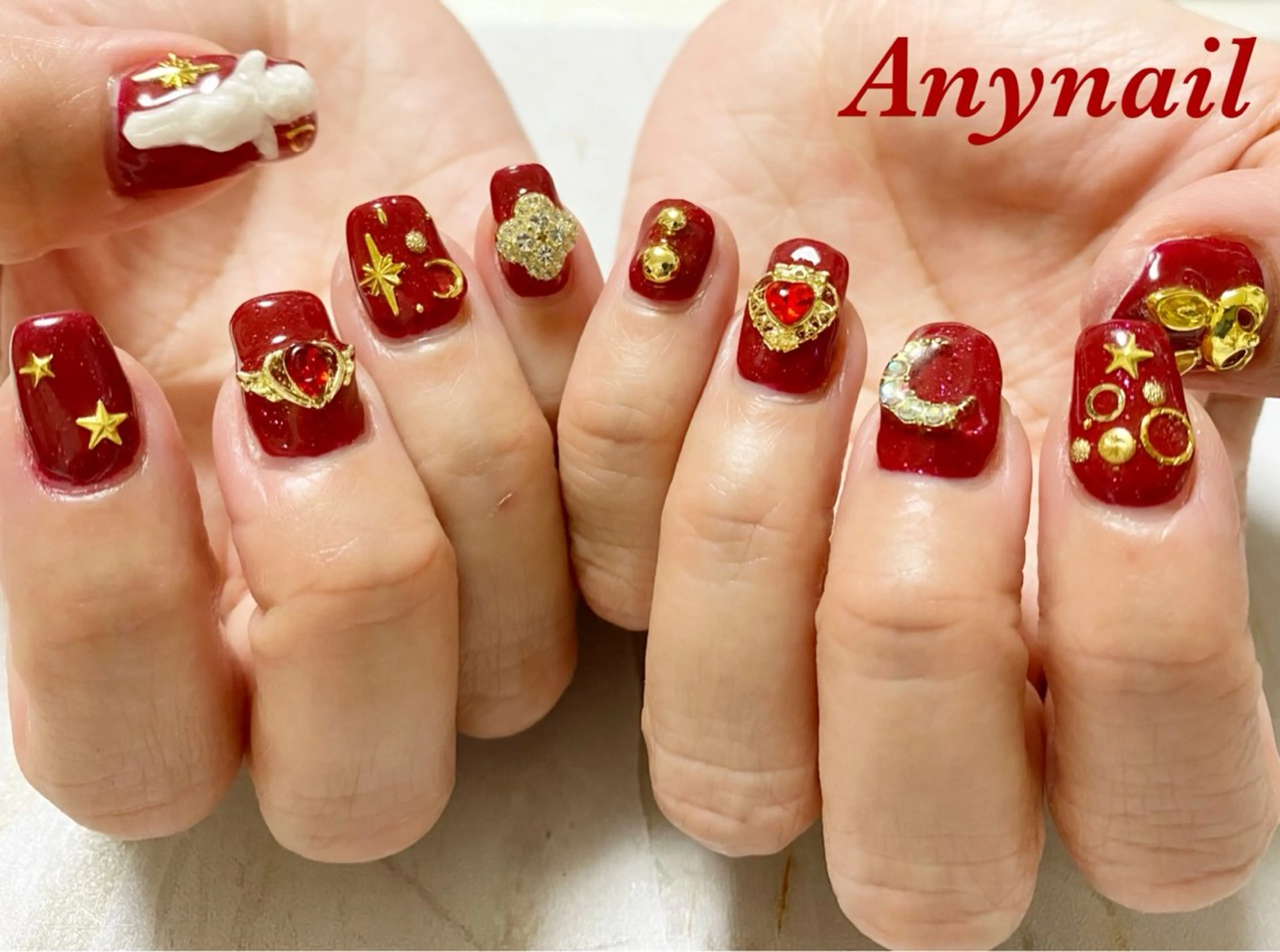 ネイル ブルー ゴールド ハート ワンカラーネイル 赤色 岩澤 恵子のネイルデザイン