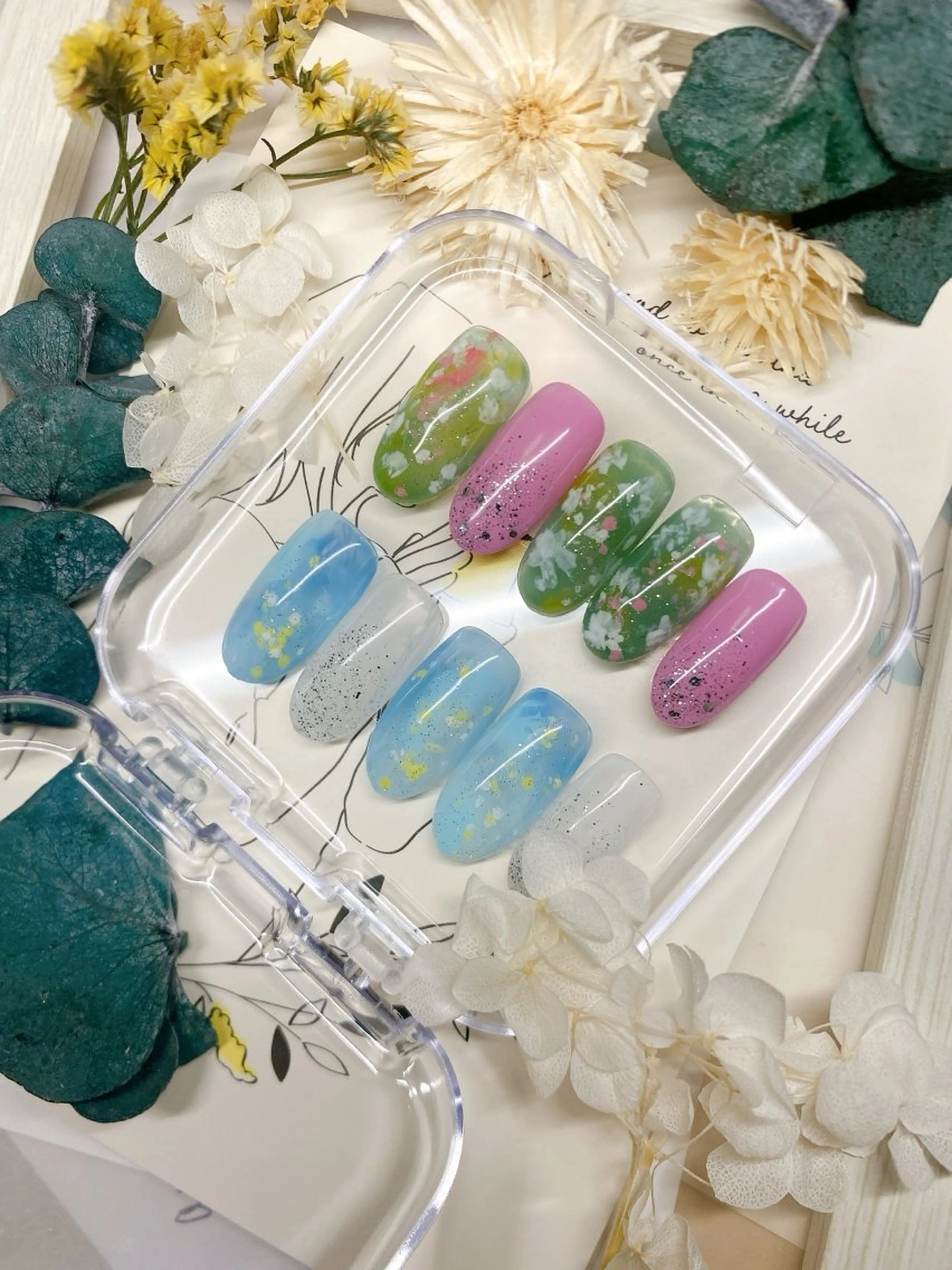 ネイル ブルー グリーン ピンク 春ネイル 黄色 PLUM BELL 横浜自宅ネイルのネイルデザイン