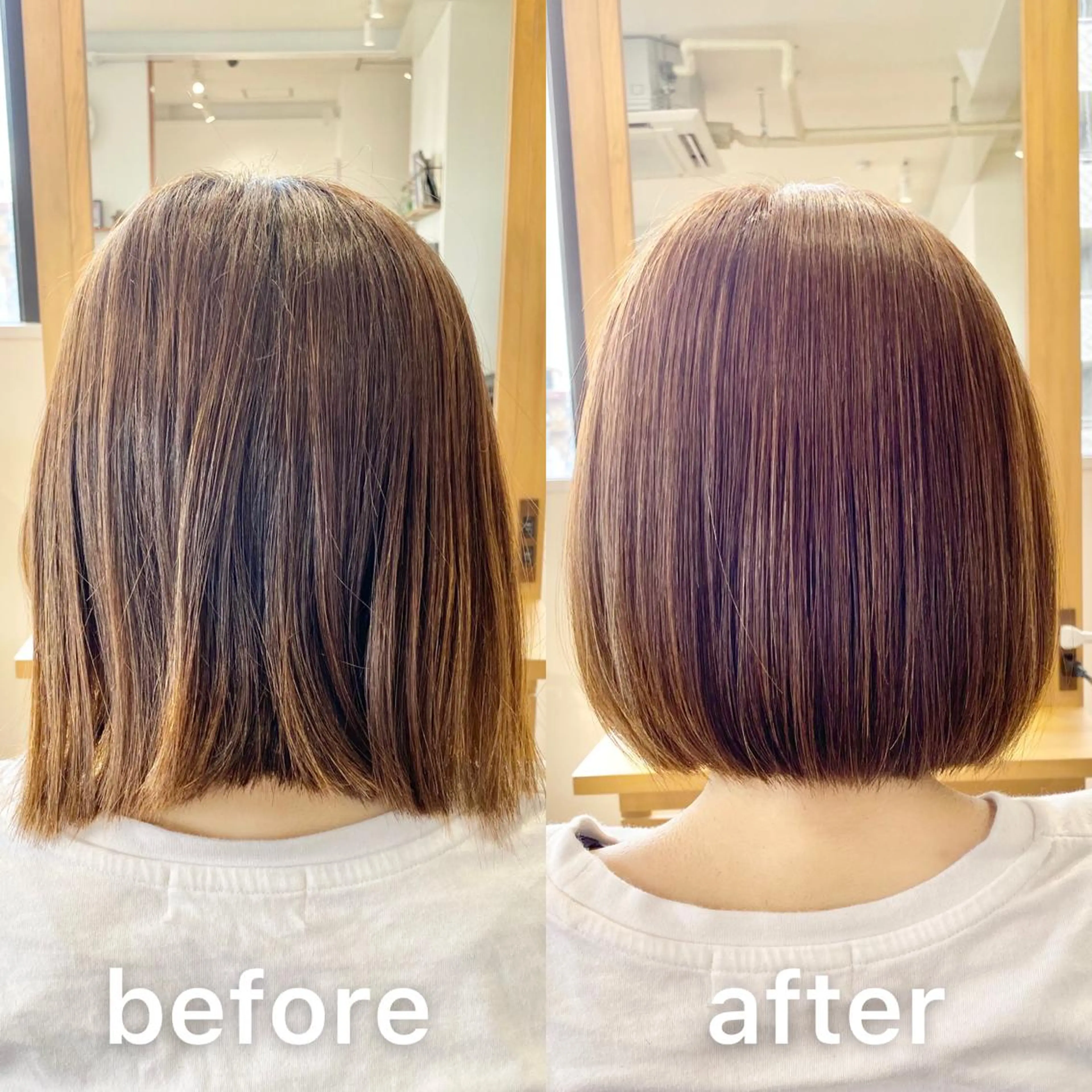 ショート カラー パーマ 前下がりボブ ベージュカラー ブラウンカラー ブラウンベージュ 透明感カラー KIZU 髪質改善 オカルト怪談のヘアスタイル