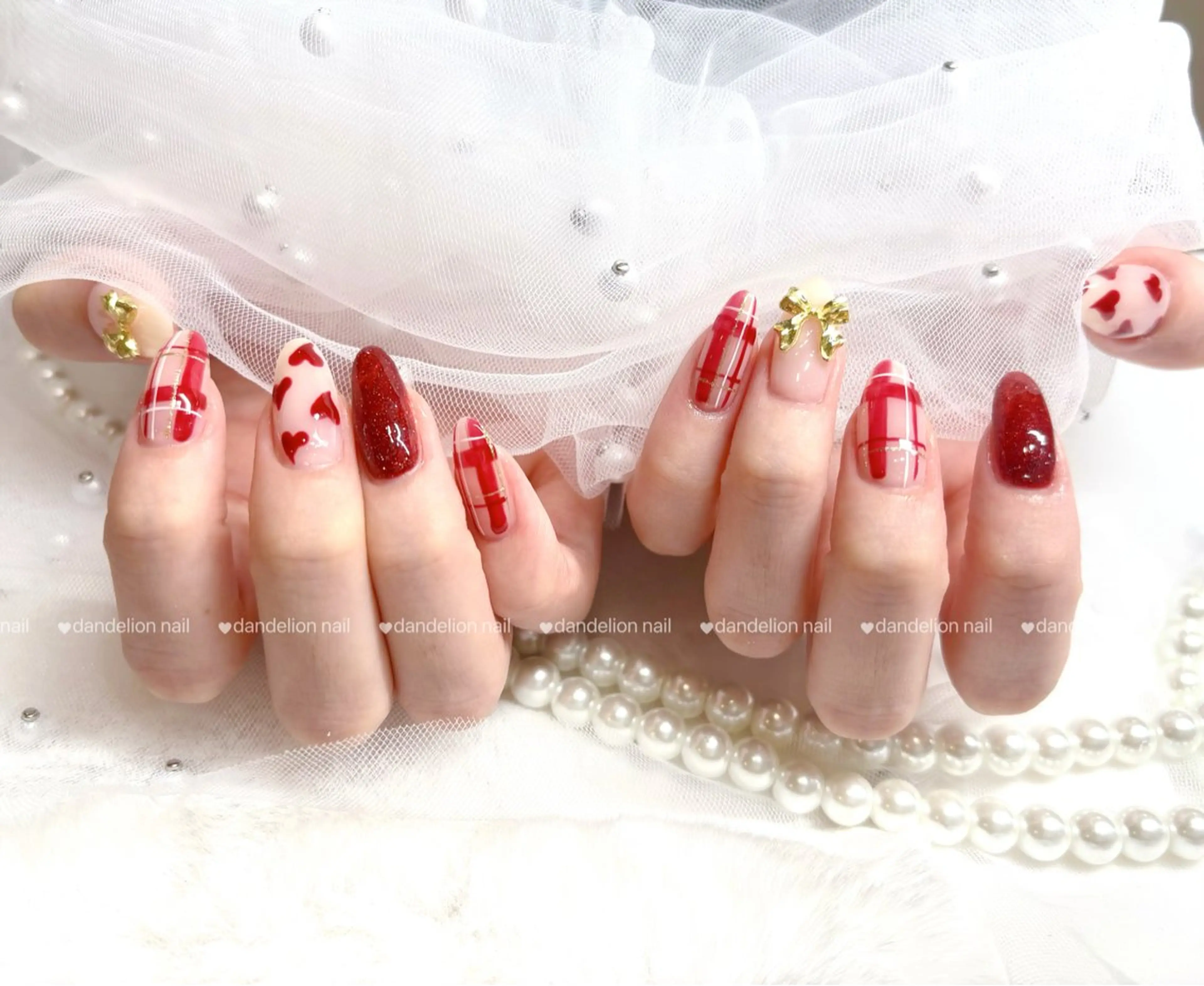 ネイル ハート 持ち込み リボン バレンタイン ワンホンネイル ハンドネイル dandelion nail北千住のネイルデザイン