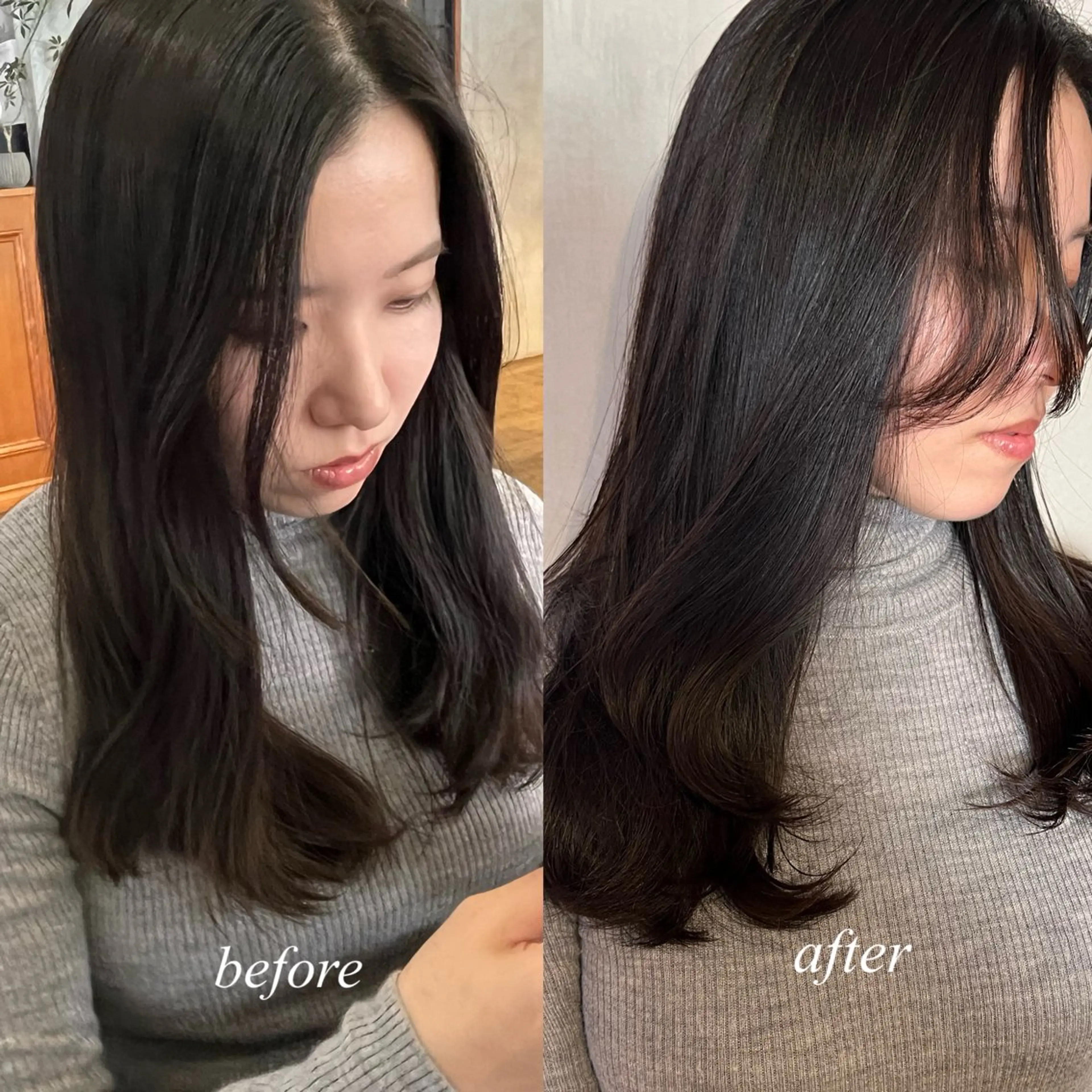 セミロング カラー くびれヘア 顔周りカット くびれレイヤー レイヤーカット 小顔カット カット ヘアカラー 薬院:今泉/上川美幸 小顔ボブ/暗髪カラーのヘアスタイル