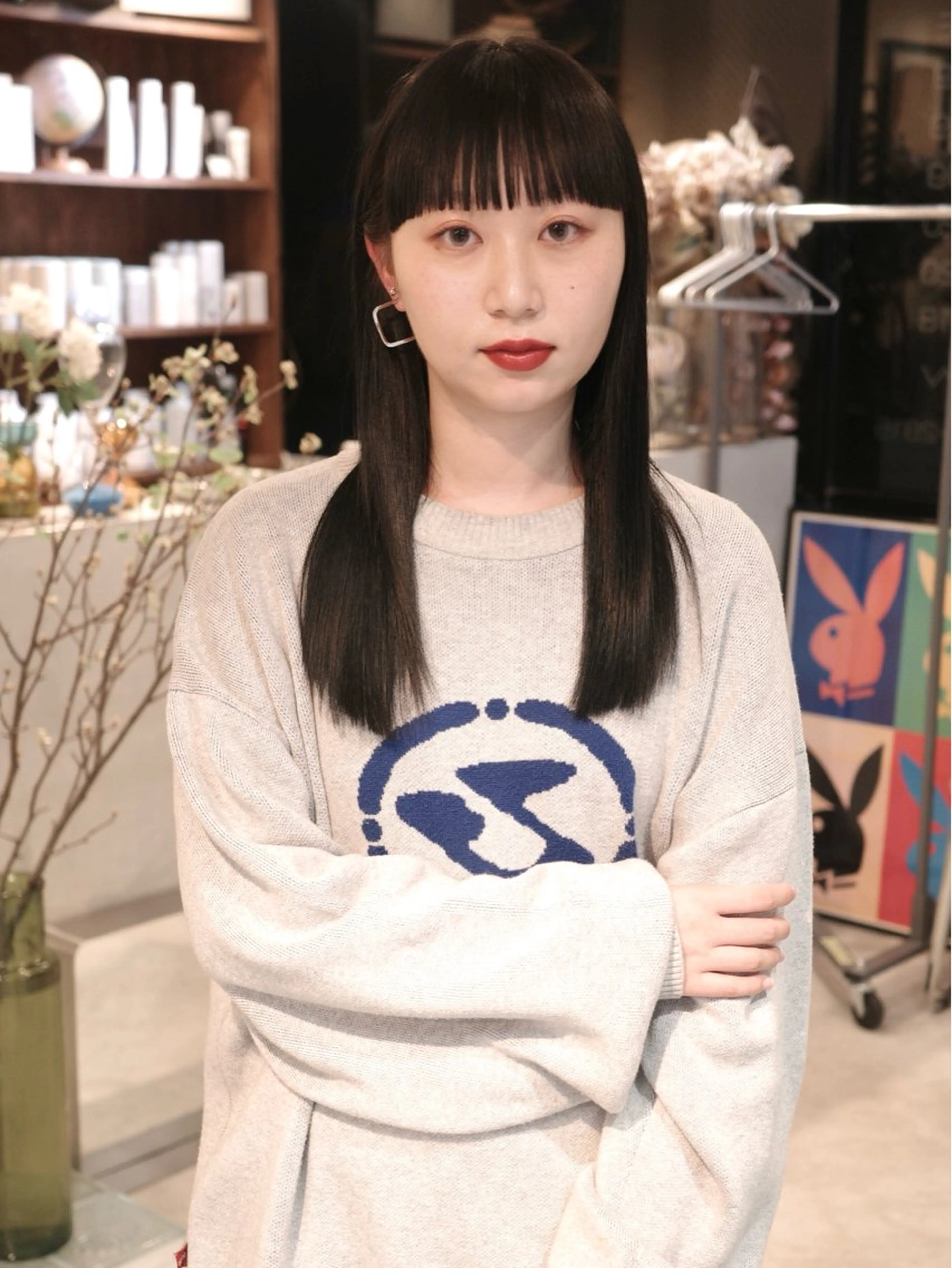 ロング カラー 黒髪 ワイドバング カット ヘアカラー トリートメント (h)wim ウィムのヘアスタイル