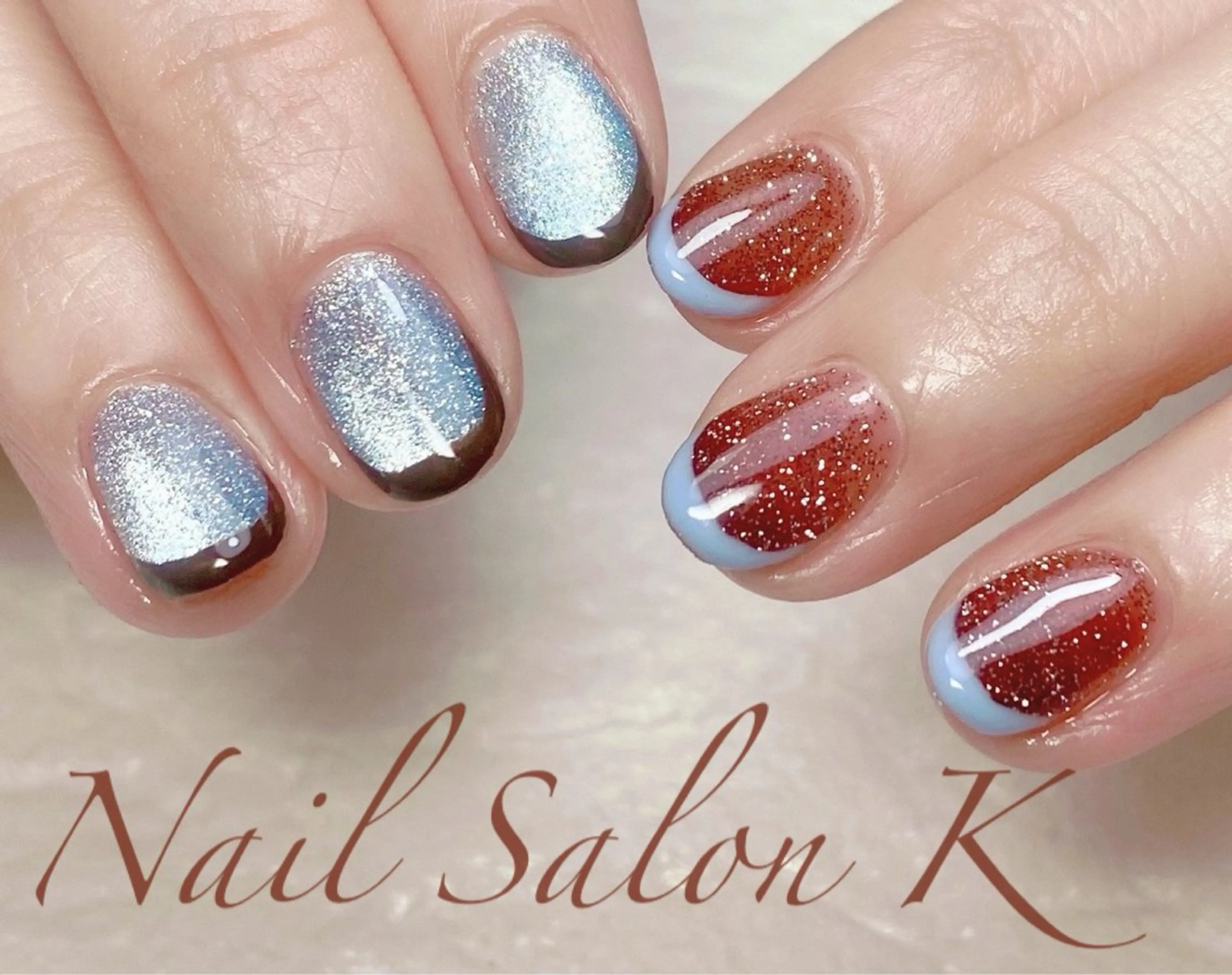 ネイル ブルー ブラウン フラッシュネイル フレンチネイル マグネットネイル ハンドネイル Nail Salon K 🧸美爪育成のネイルデザイン