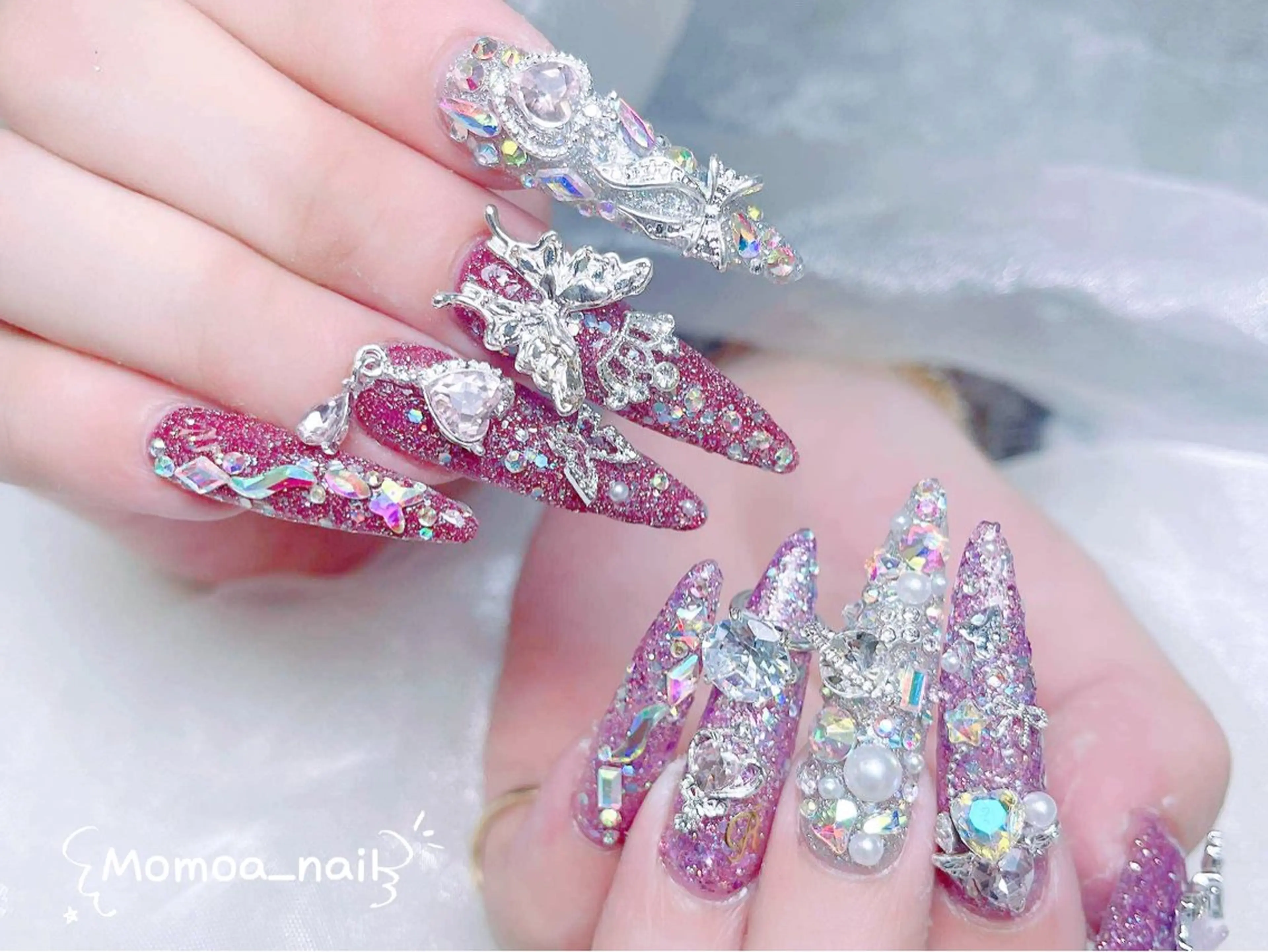 ネイル 成人式 ロングネイル マグネットネイル 大理石ネイル(マーブル) 持ち込み ハンドネイル MoMoA Nail ネイル長さ出し専門店のネイルデザイン