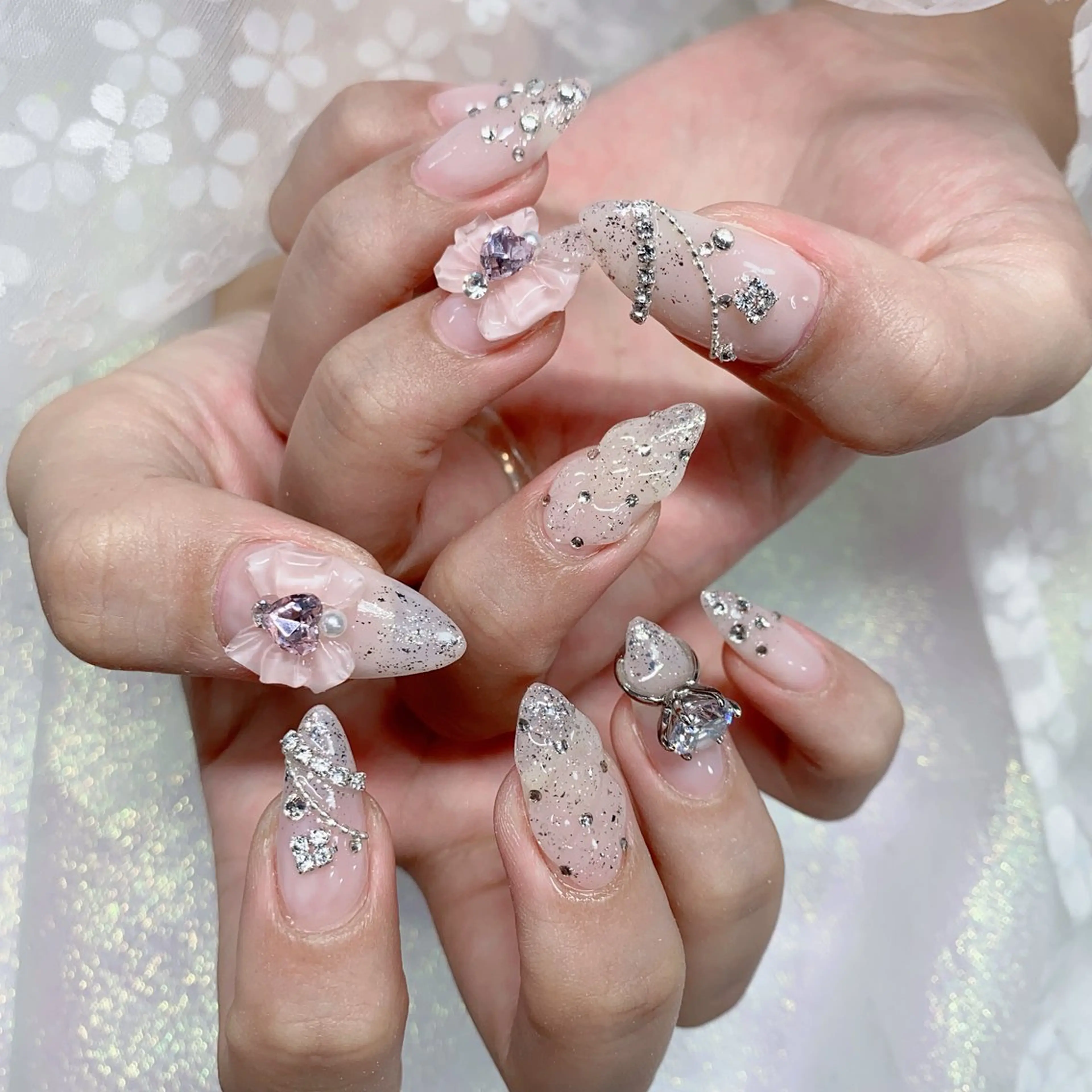ネイル 長さ出し ジェルネイル キラキラネイル 大理石ネイル(マーブル) ニュアンスネイル Morpho nailのネイルデザイン