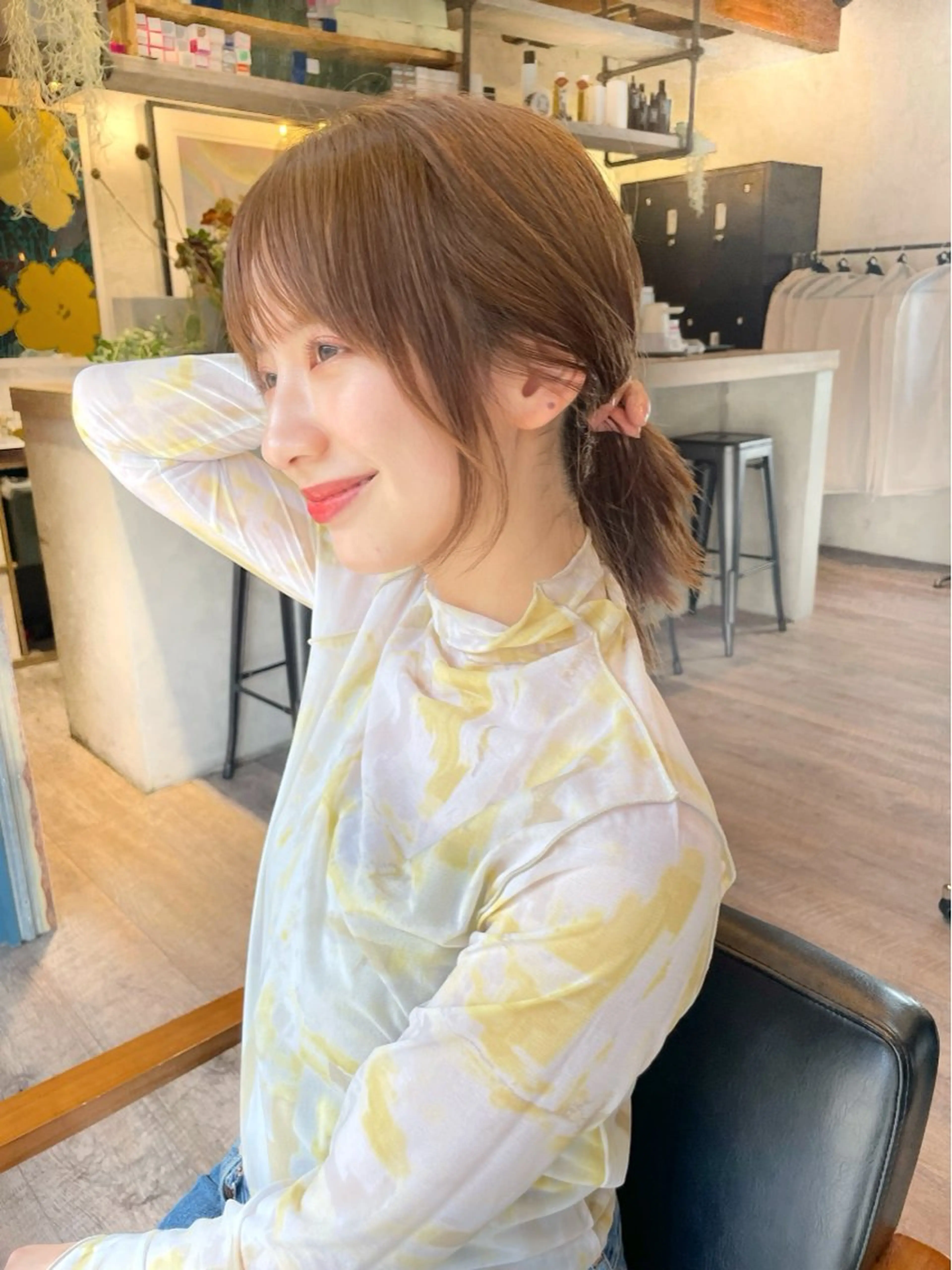 セミロング 切りっぱなしボブ ショートボブ セミロングパーマ ボブ くびれヘア カット ヘアカラー ボブ顔周り 韓国遠藤小雪のヘアスタイル