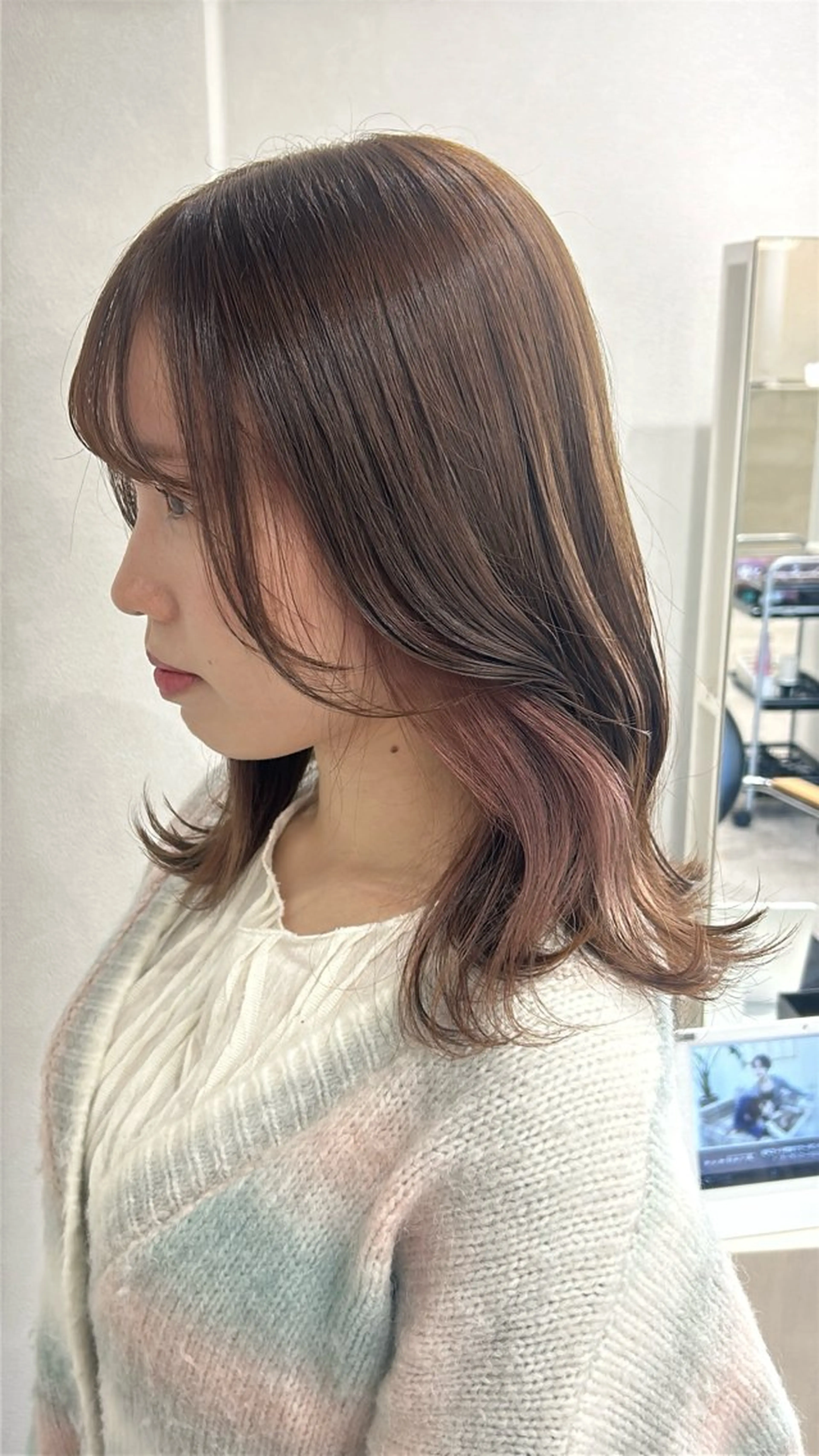 ミディアム カラー ヘアアレンジ ベージュカラー イヤリングカラー ピンクカラー ピンクベージュ ヘアカラー ボブ /ニュアンス/ satomi🧸💖のヘアスタイル