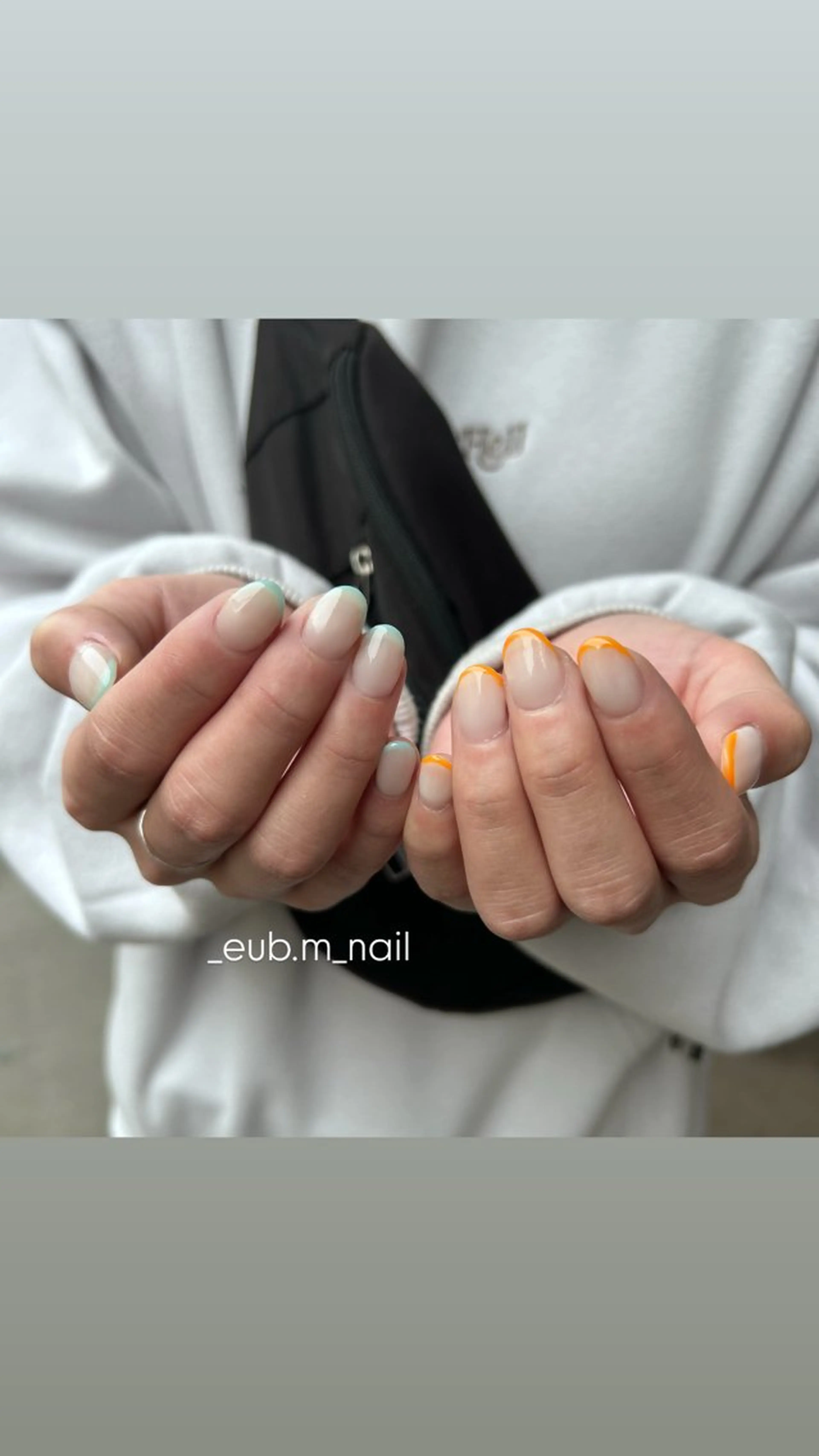 ネイル フレンチネイル 水色 オレンジ ホワイト ハンドネイル 深夜ネイルサロン eub.m_nailのネイルデザイン