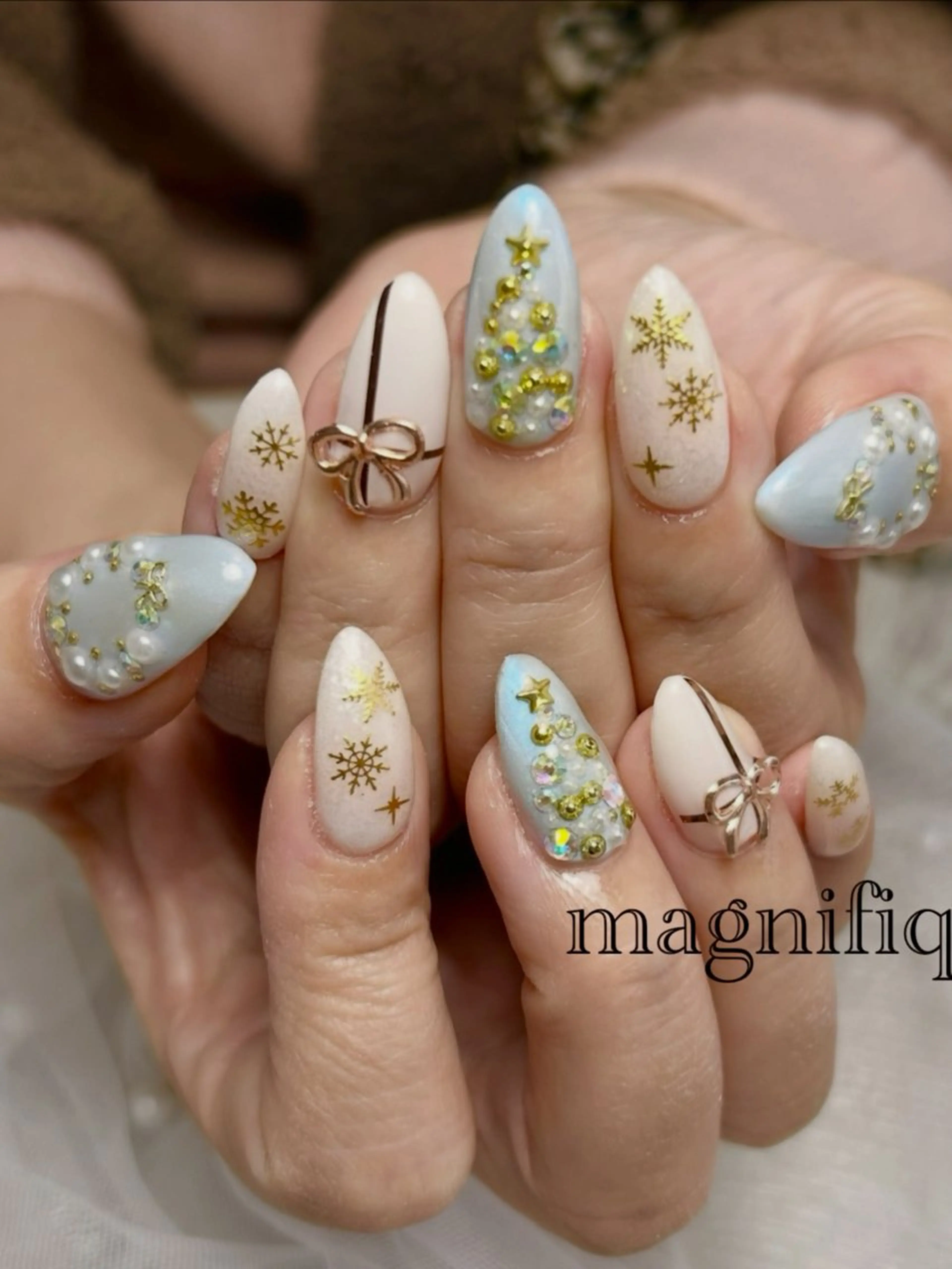 ネイル アートネイル ロングネイル リボン ショートネイル 冬ネイル プライベートサロン マニフィークのネイルデザイン