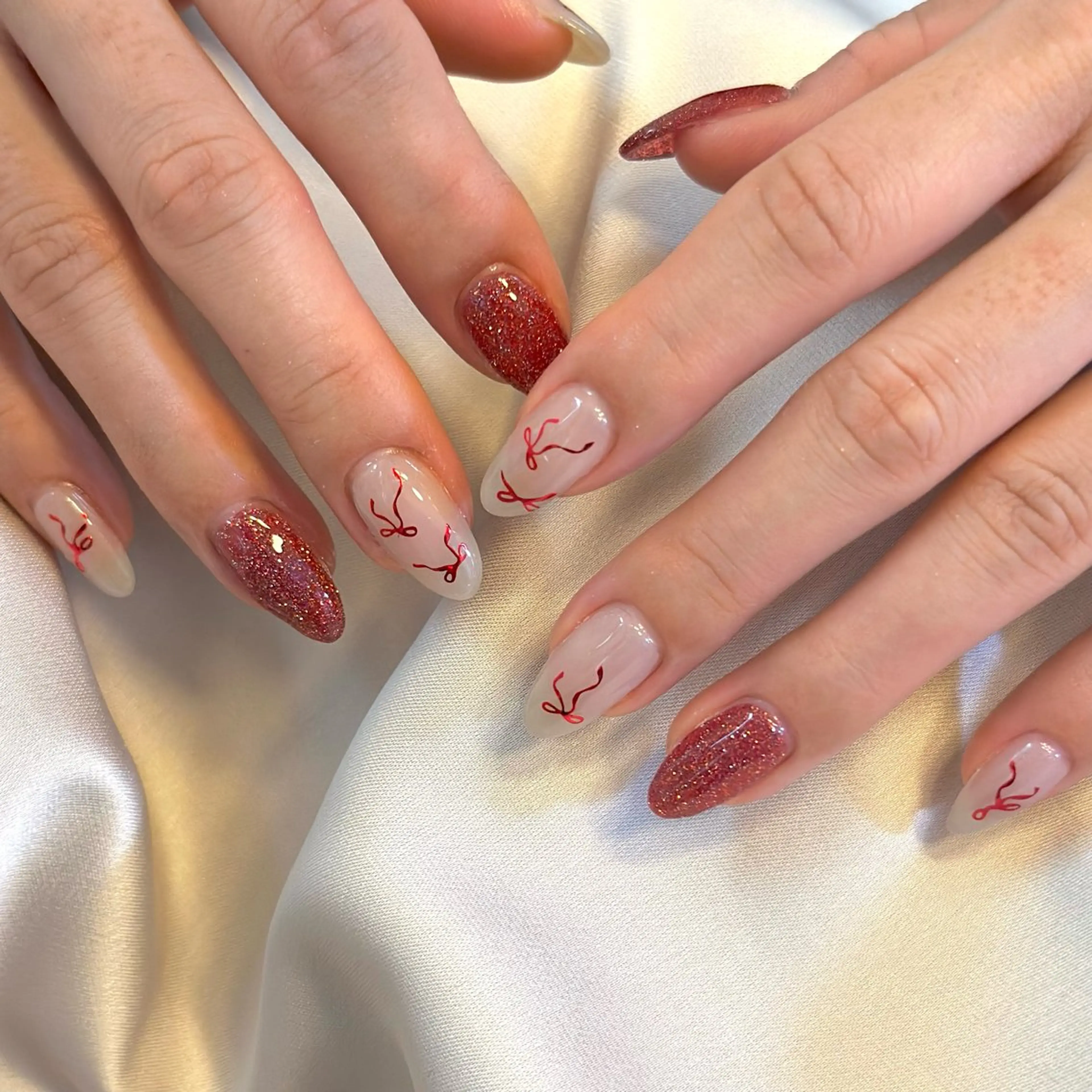 ネイル 長さ出し ジェルネイル パラジェル 赤色 リボン ハンドネイル fukuyasu rikaのネイルデザイン