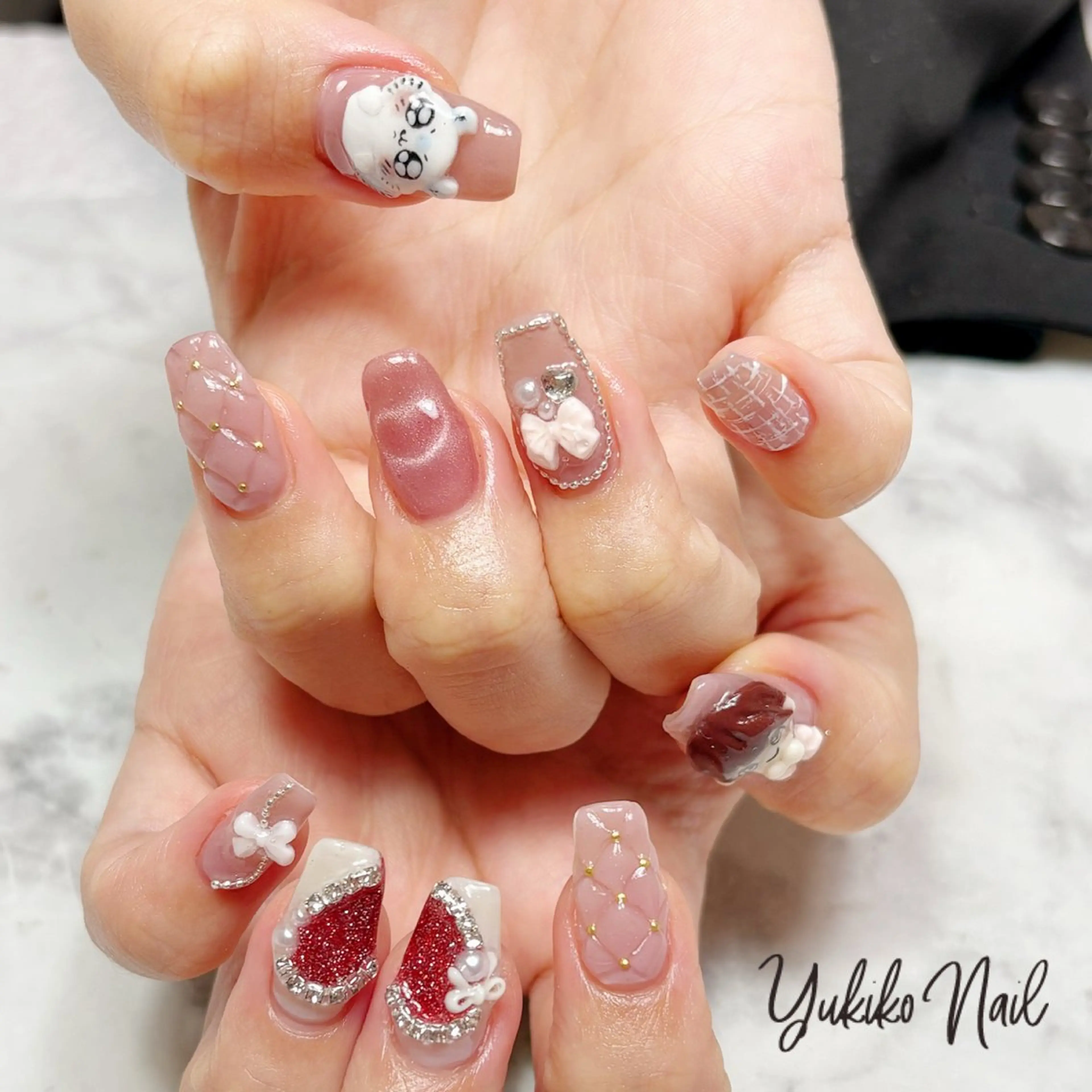 ネイル アートネイル ハート 持ち込み ピンク リボン ハンドネイル ユキコ ネイルのネイルデザイン