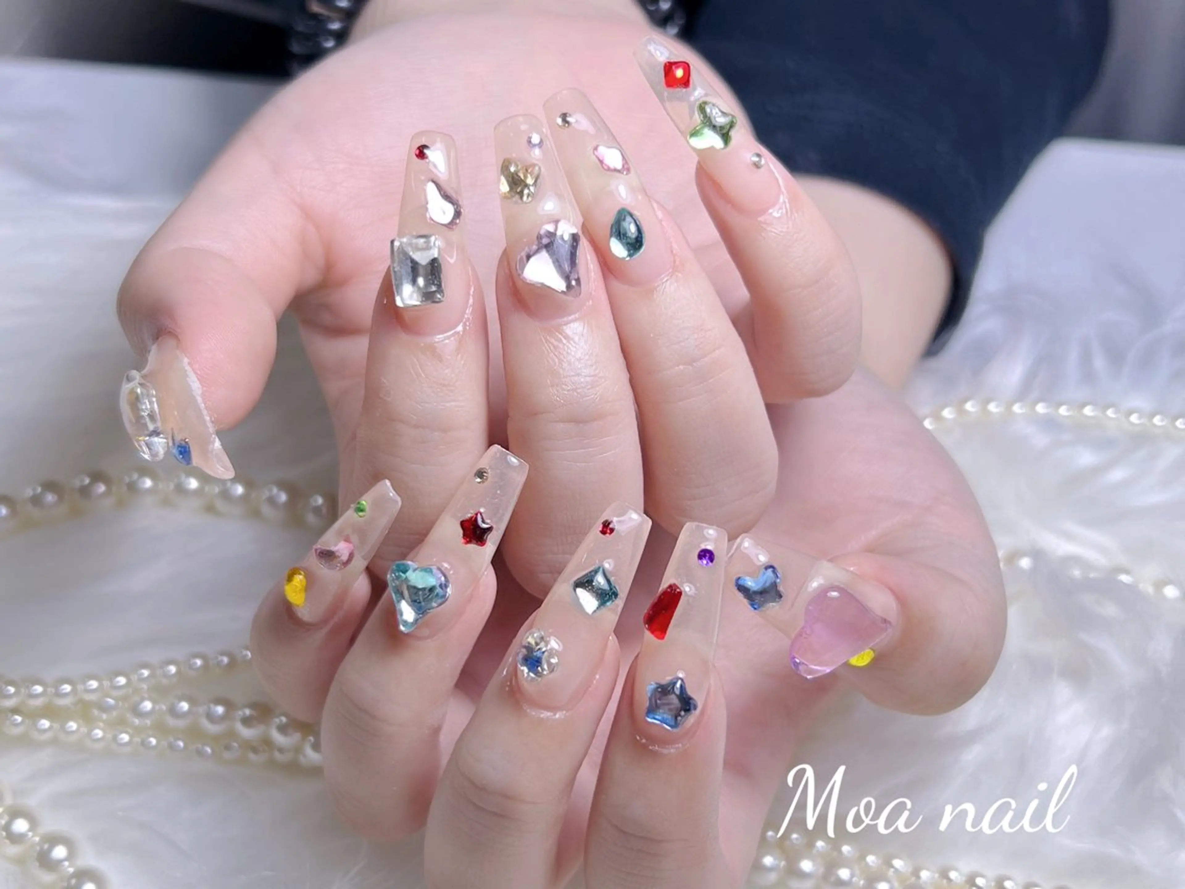ネイル 長さ出し フレンチネイル ガラスフレンチ ハート キラキラネイル ハンドネイル Moa nailのネイルデザイン