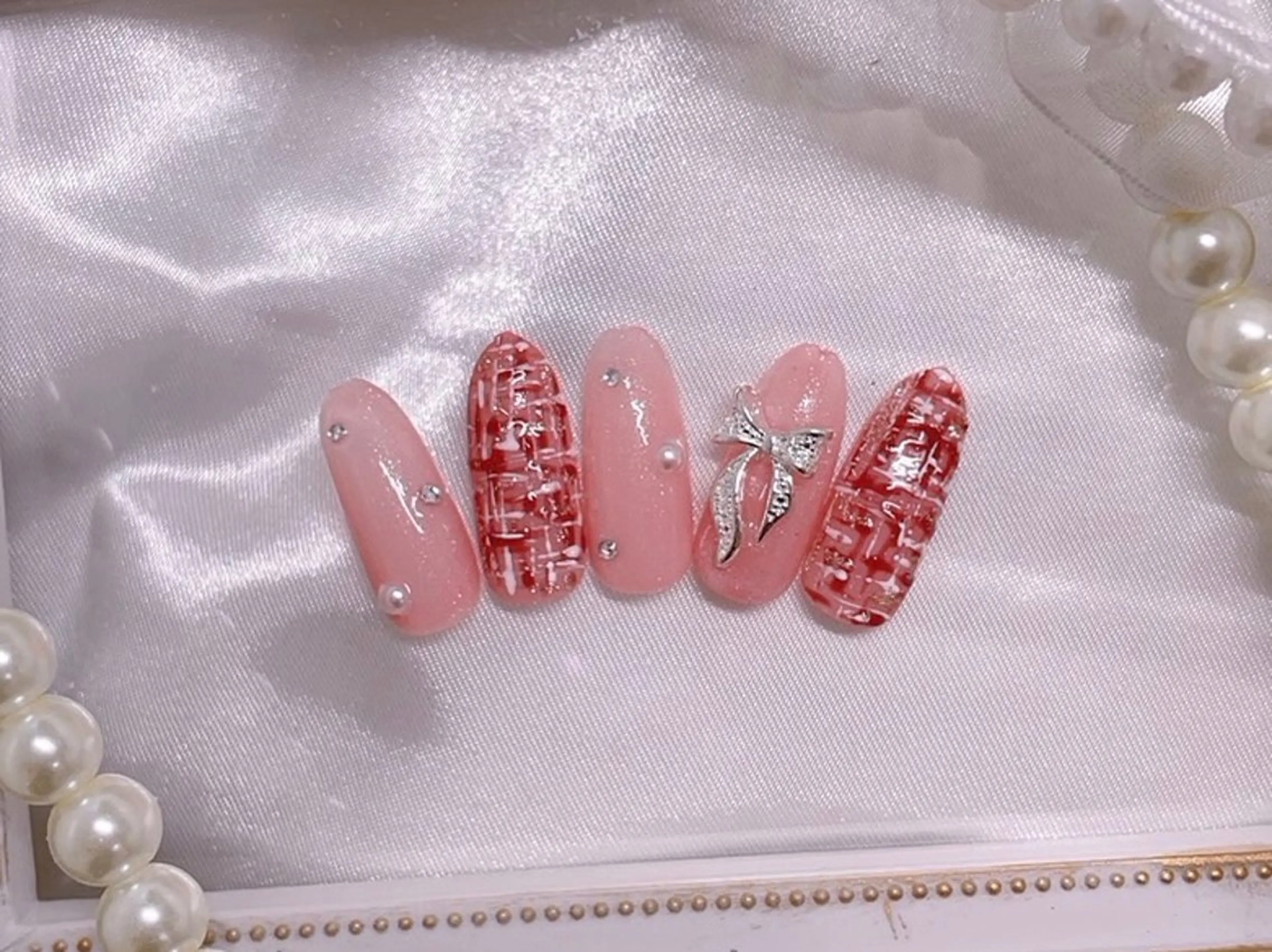 ネイル リボン ツイードネイル ハンドネイル ゆりか ジョアアンジェ福島のネイルデザイン