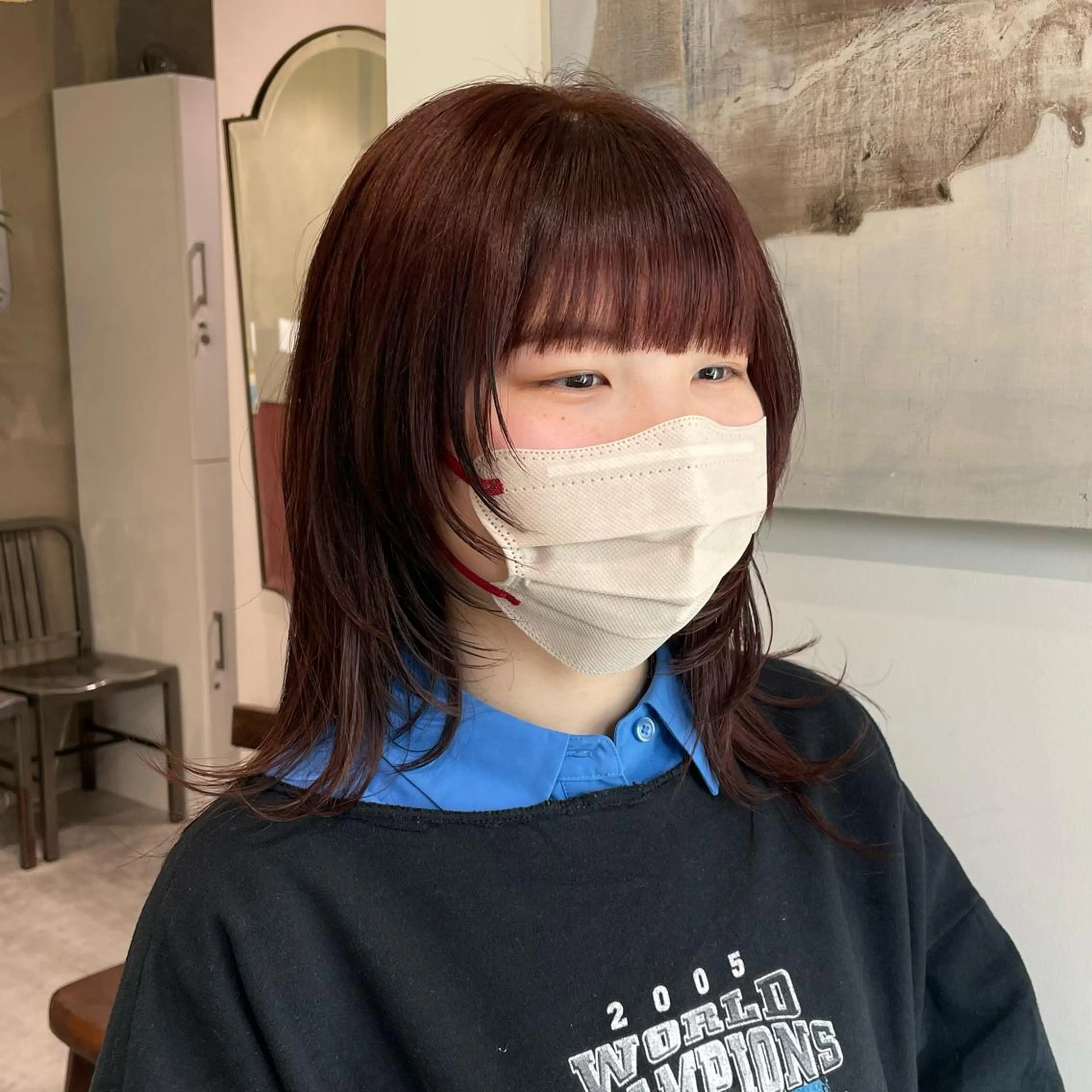 ミディアム カラー ヘアアレンジ オレンジ 顔周りカット レイヤーカット 濱本 新奈 / 髪質改善のヘアスタイル