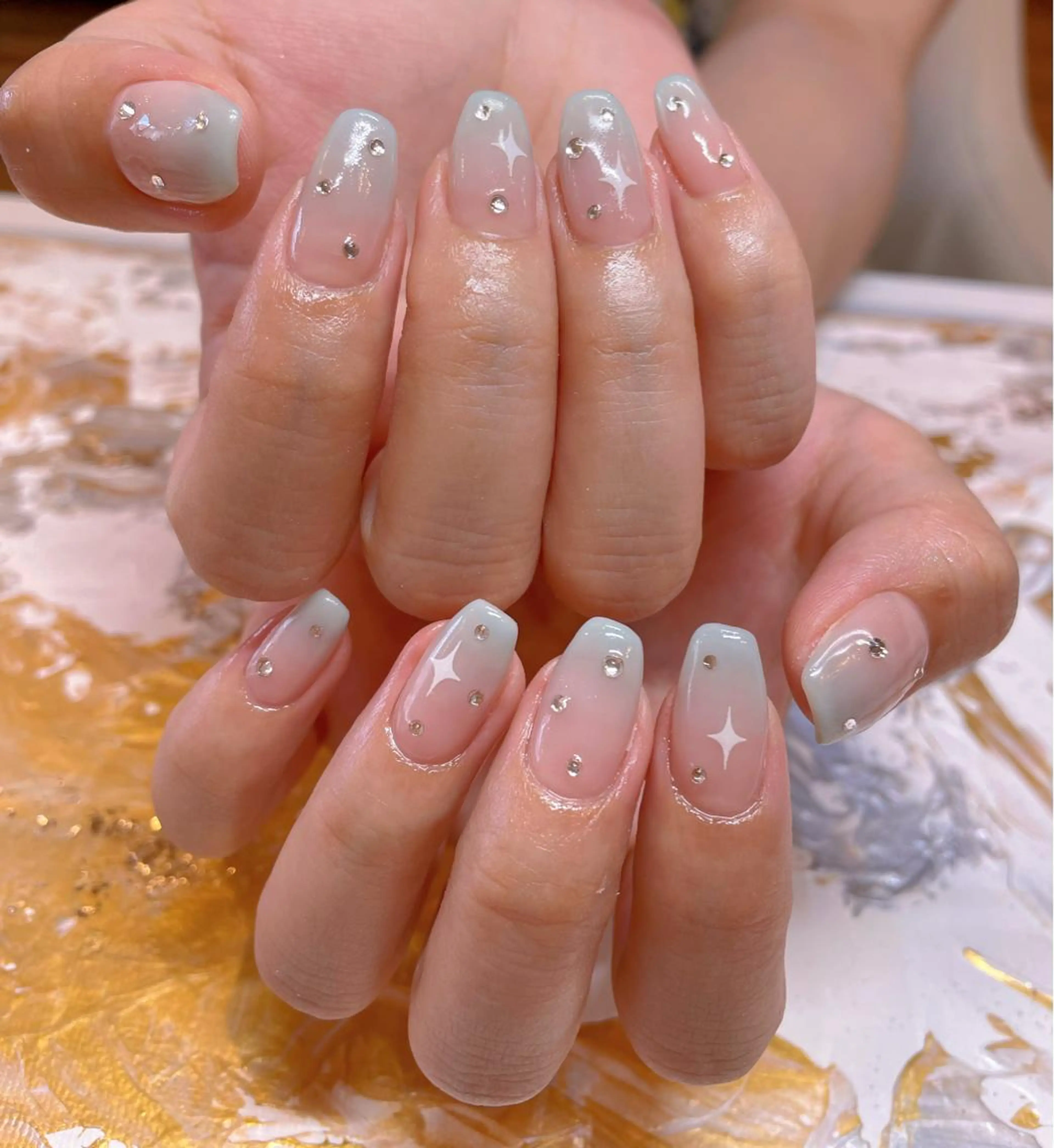 ネイル ブルー シルバー ストーンネイル ハンドネイル ネイリスト ❄️ユキ❄️のネイルデザイン